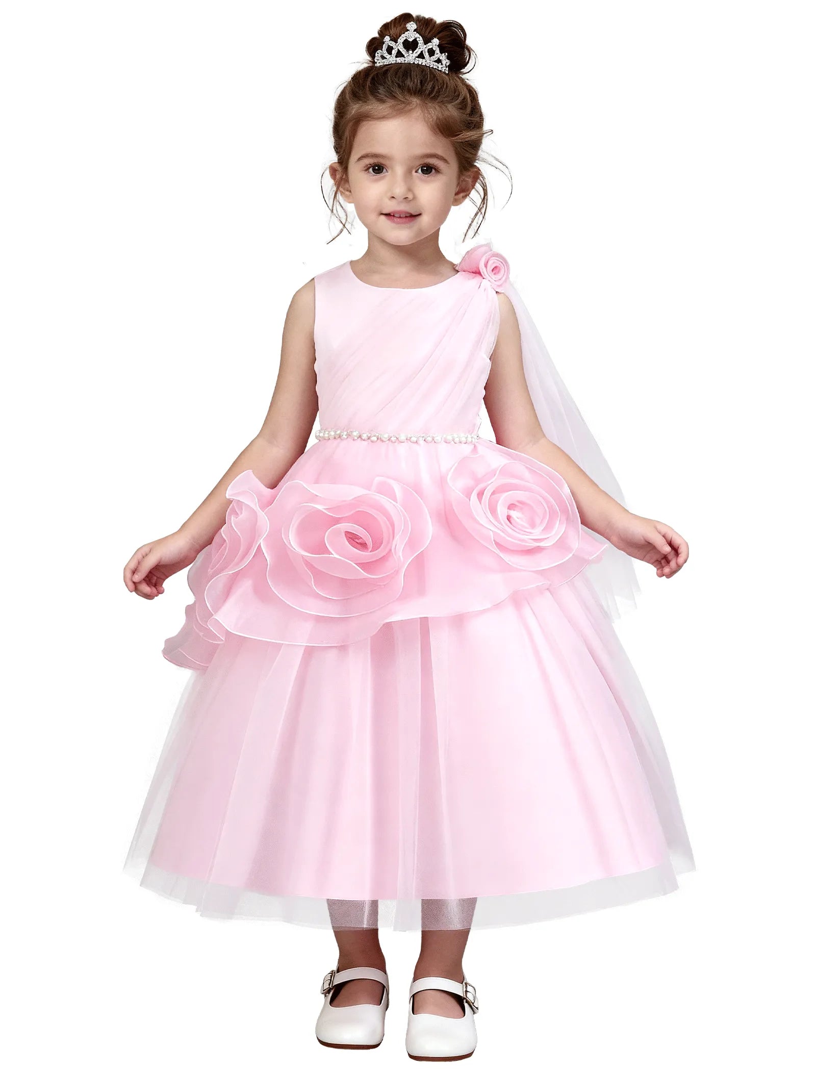 3D Flower Girl Dress with Shoulder Train