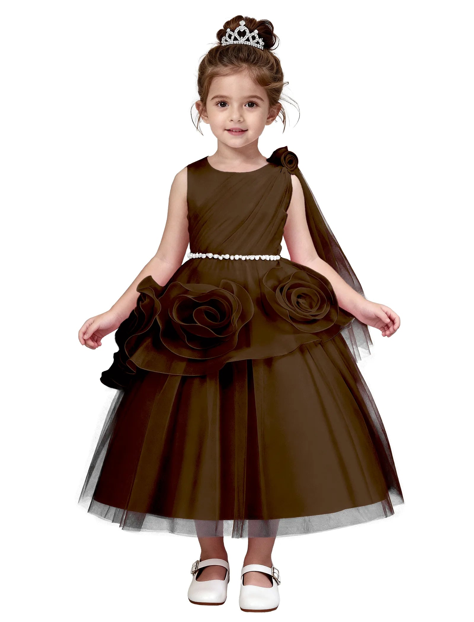 3D Flower Girl Dress with Shoulder Train
