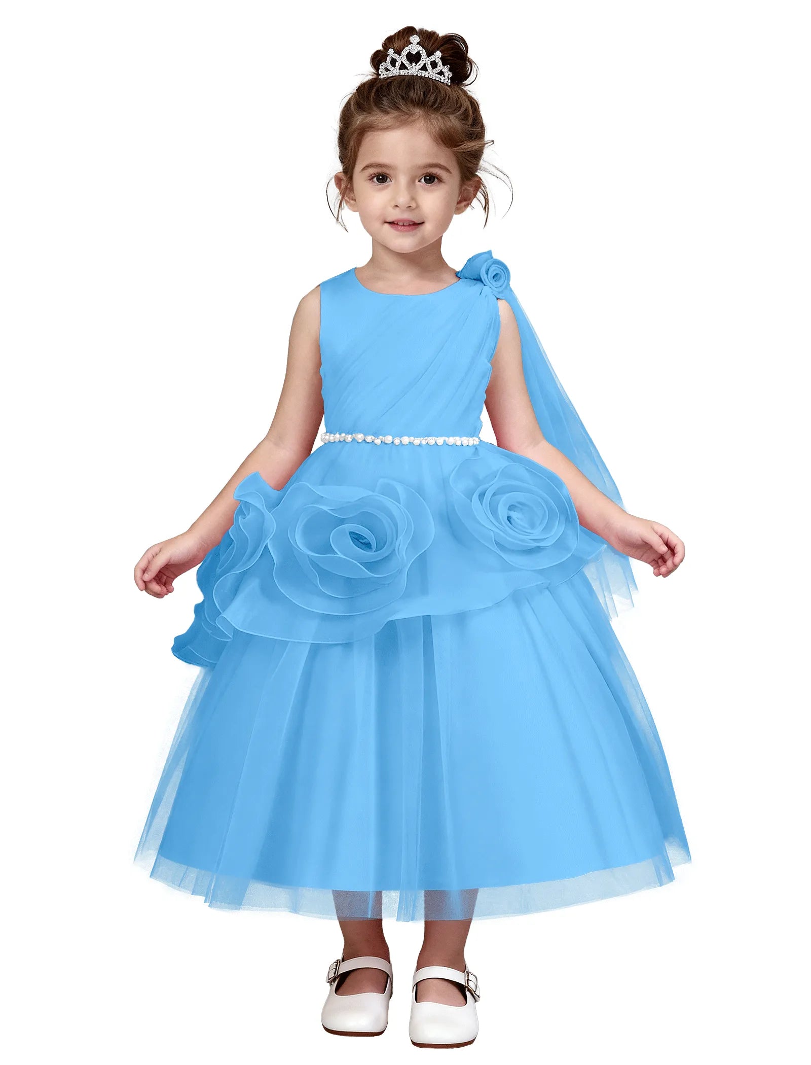 3D Flower Girl Dress with Shoulder Train