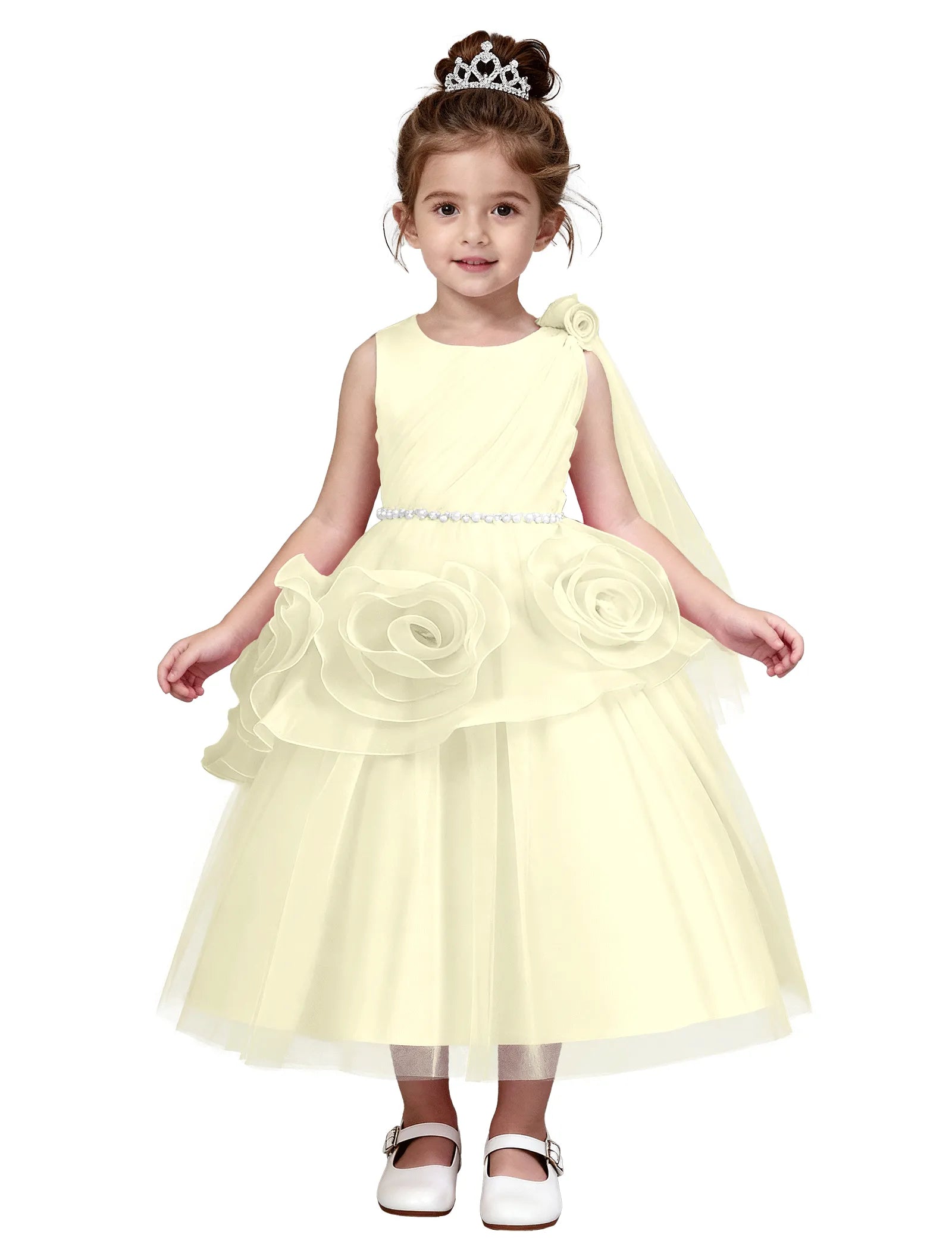 3D Flower Girl Dress with Shoulder Train