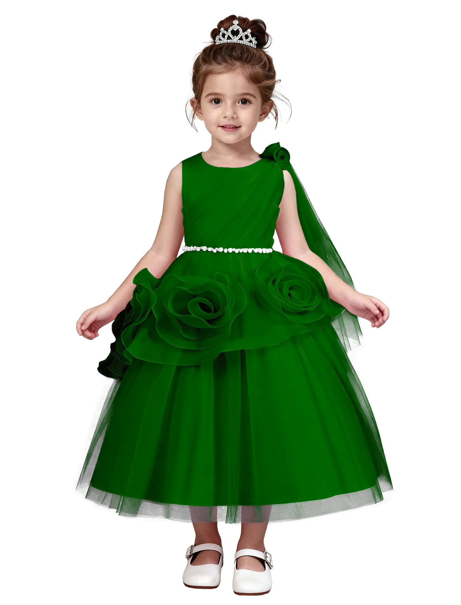 3D Flower Girl Dress with Shoulder Train