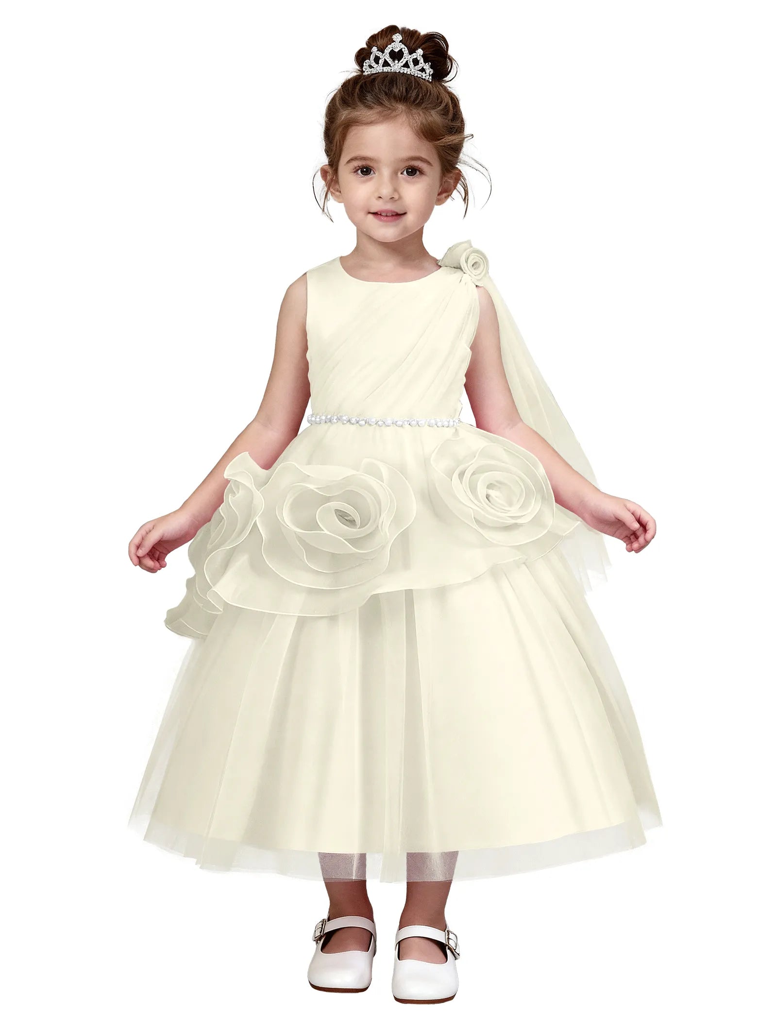3D Flower Girl Dress with Shoulder Train