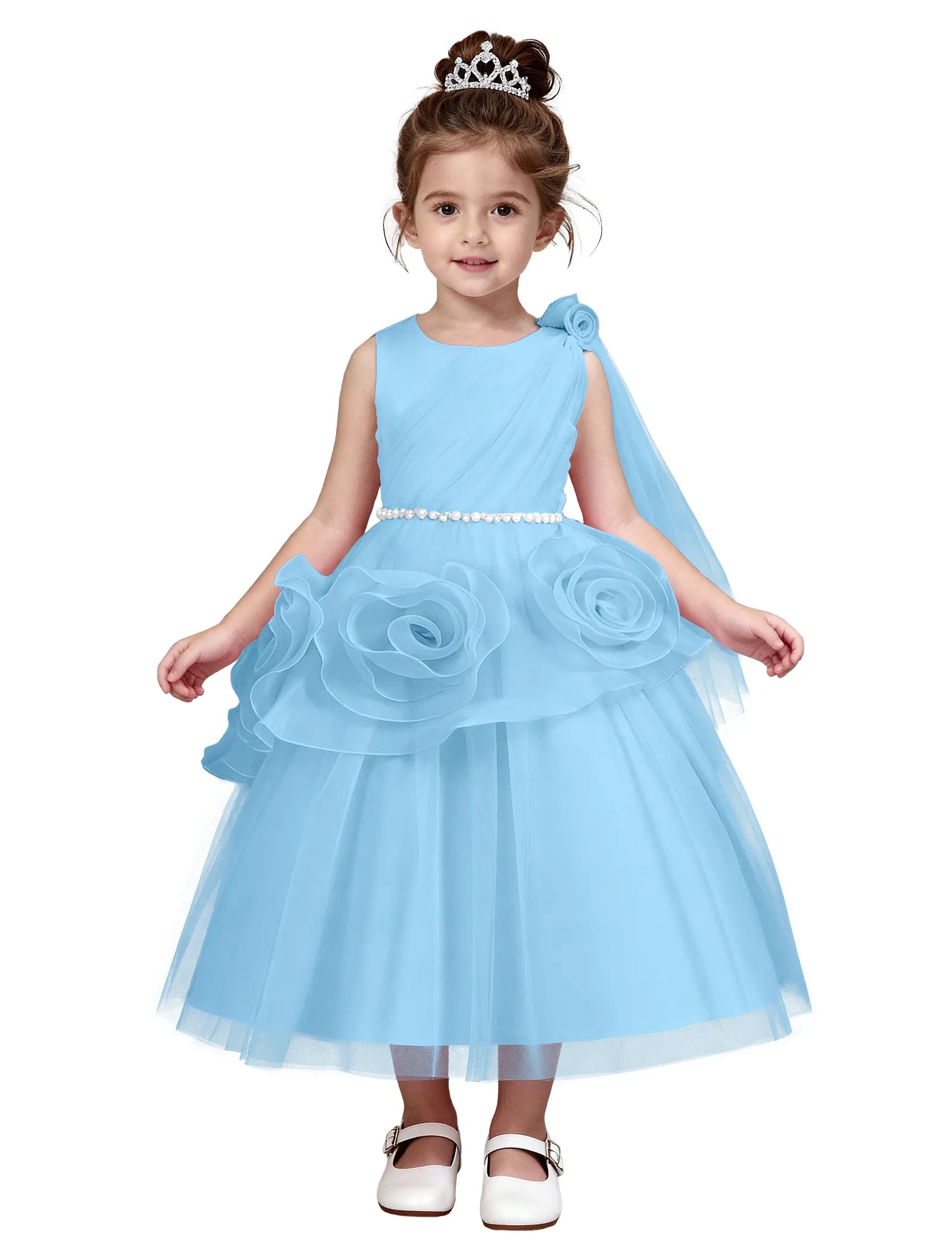 3D Flower Girl Dress with Shoulder Train