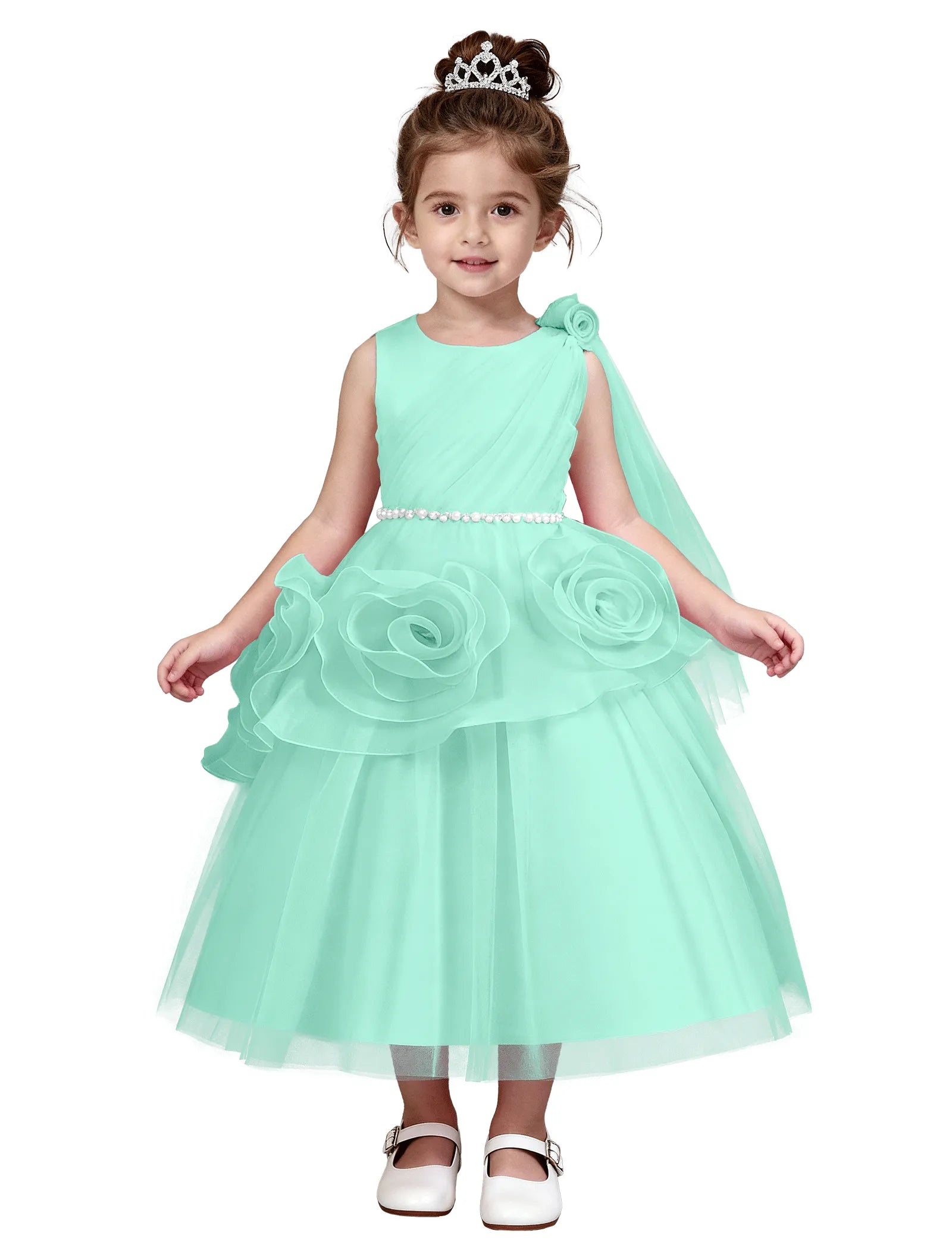 3D Flower Girl Dress with Shoulder Train