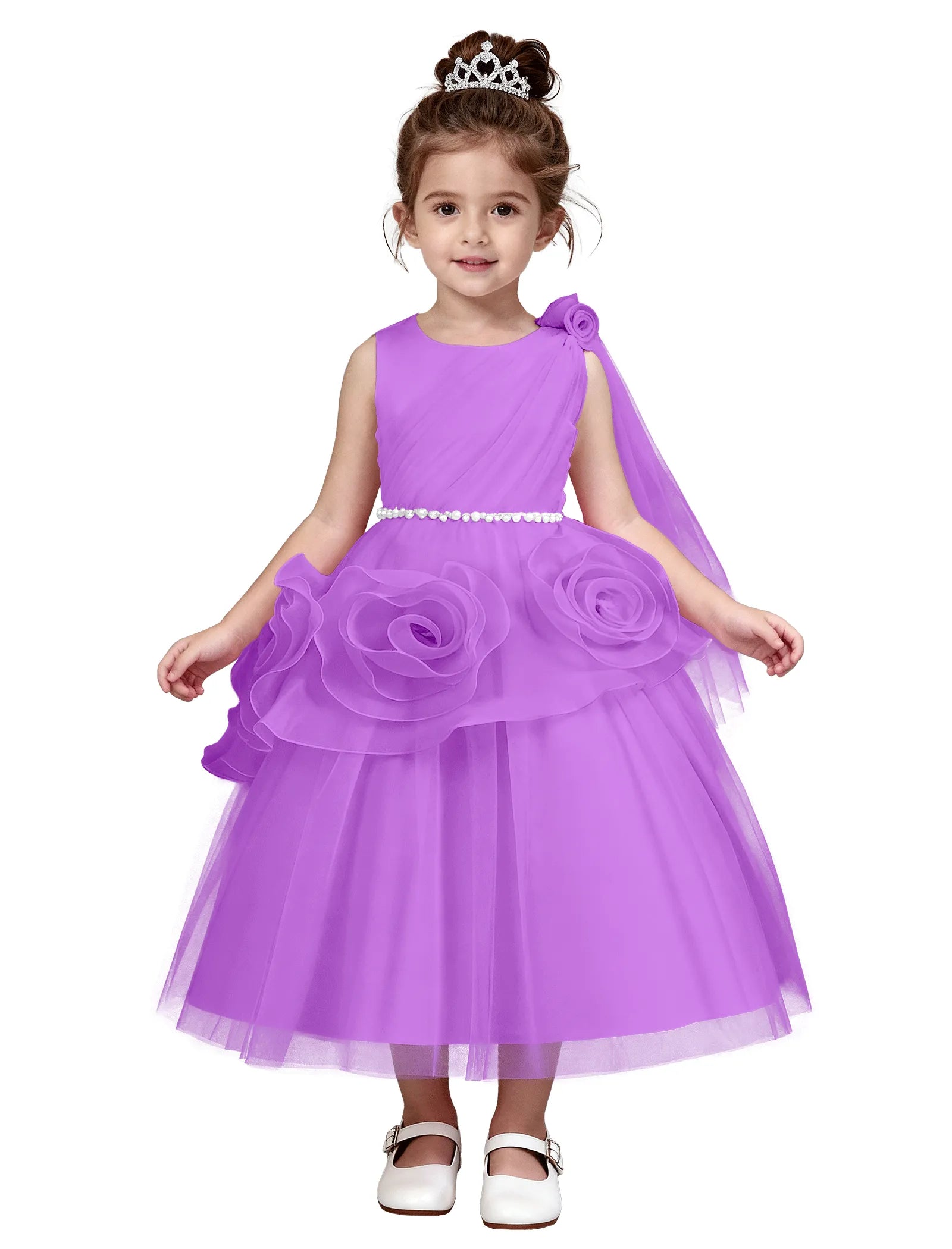 3D Flower Girl Dress with Shoulder Train