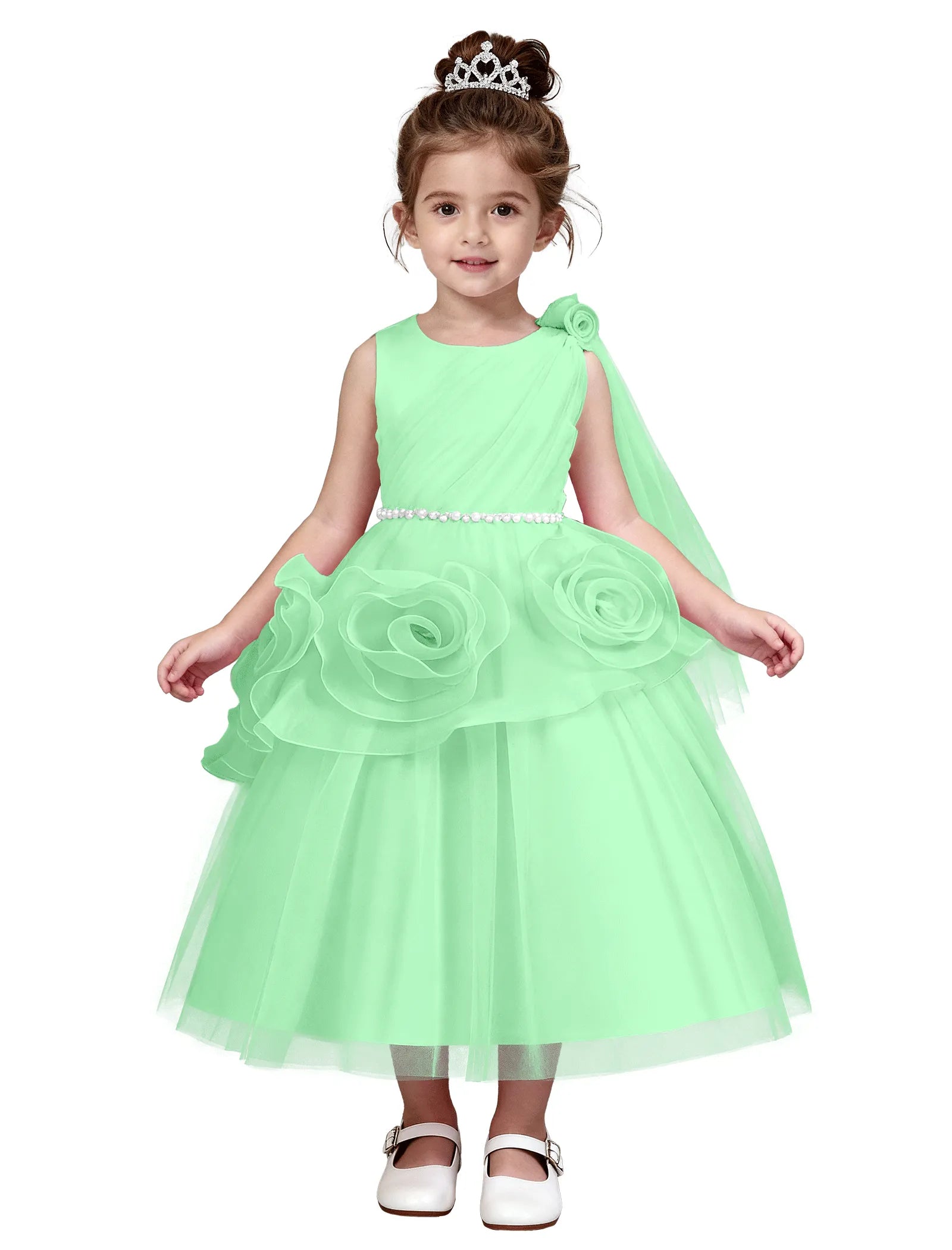 3D Flower Girl Dress with Shoulder Train