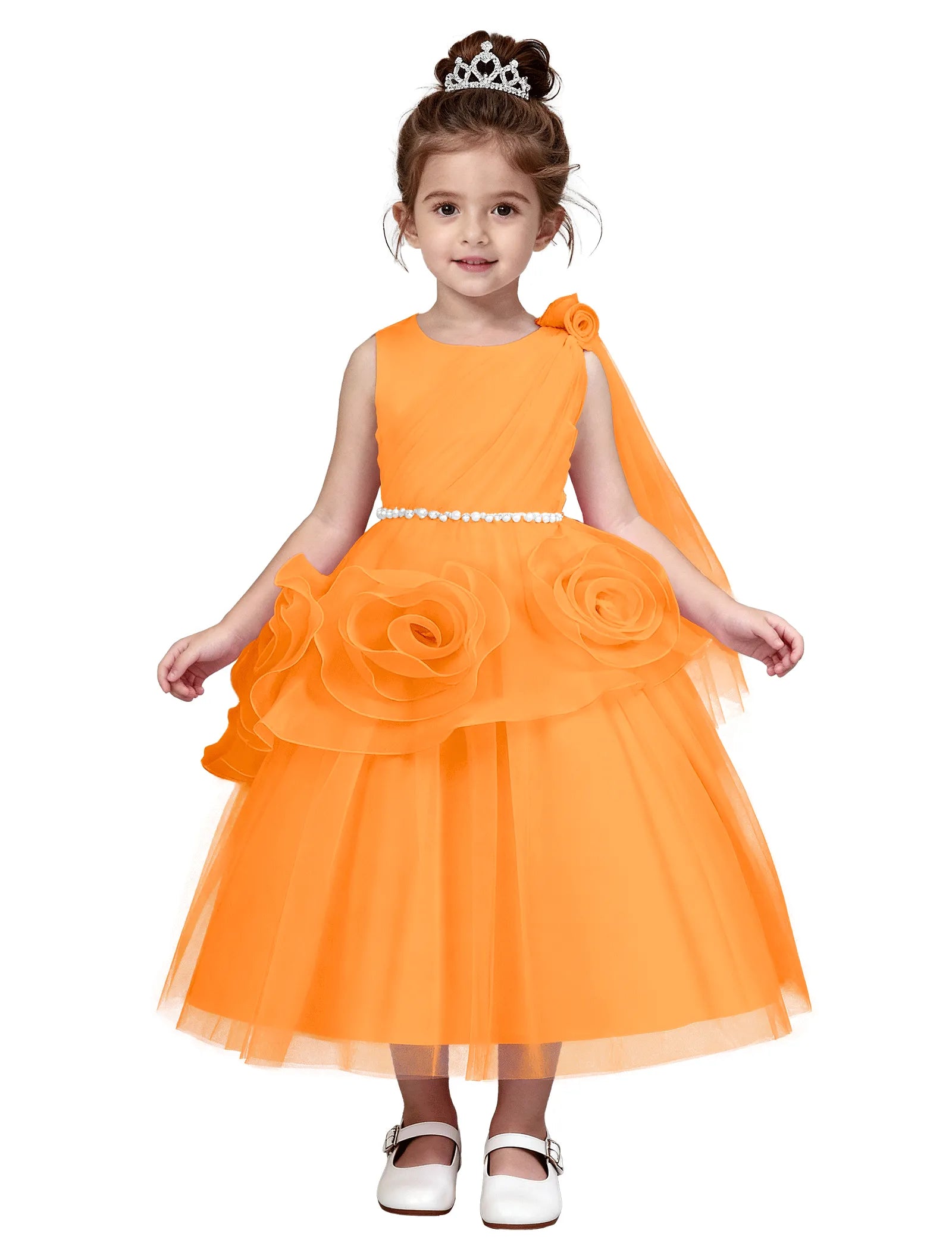 3D Flower Girl Dress with Shoulder Train