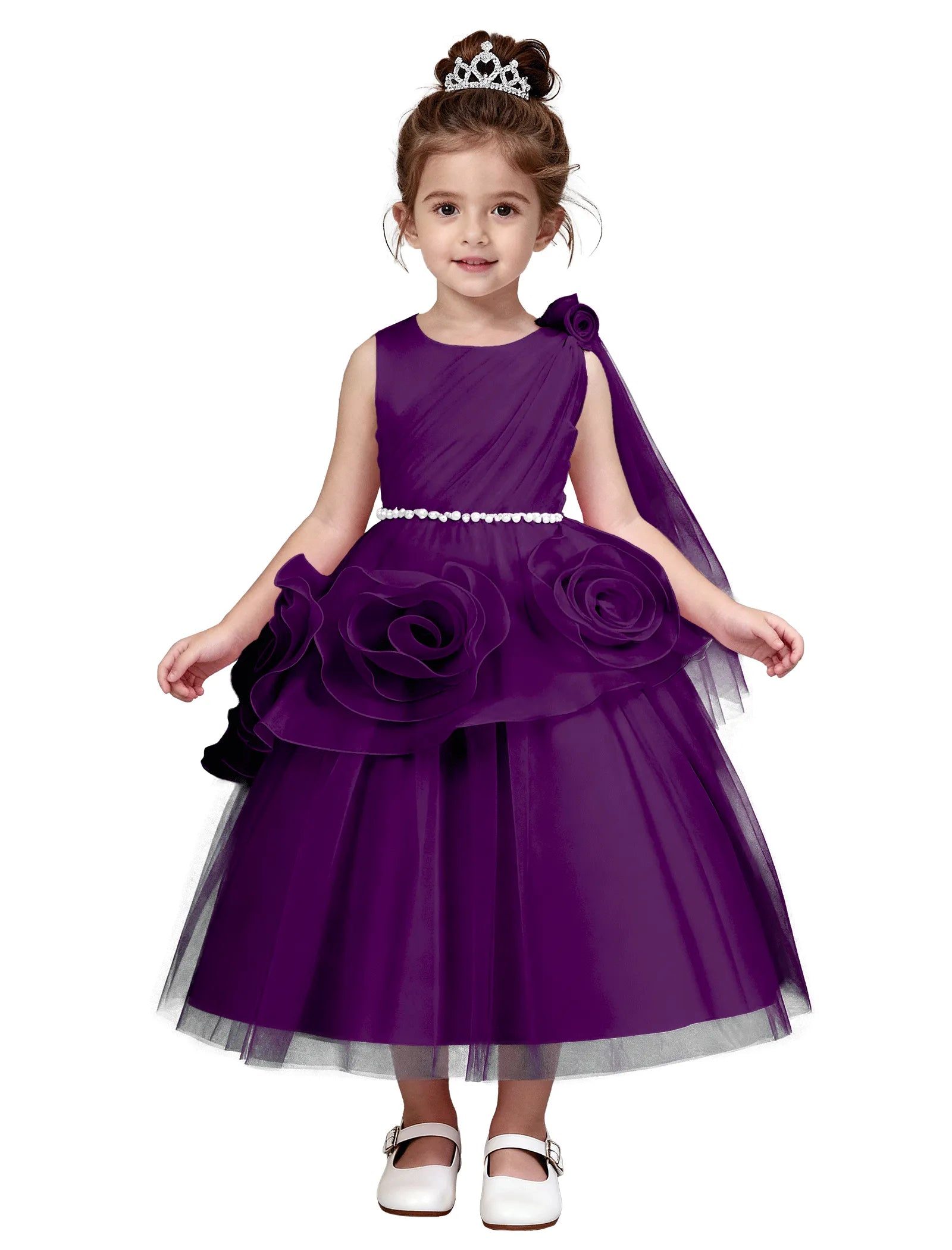 3D Flower Girl Dress with Shoulder Train