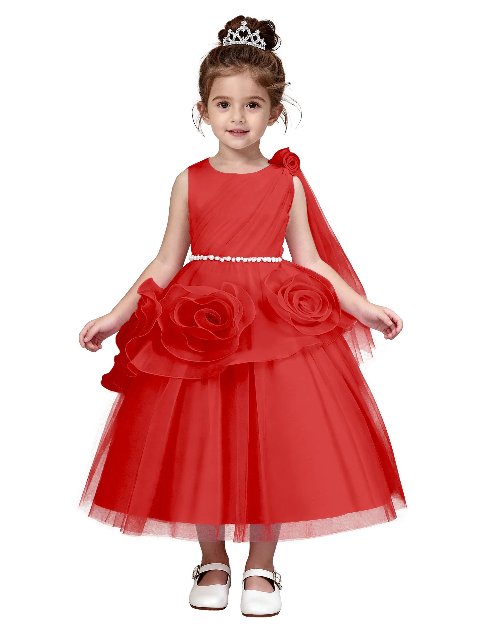 3D Flower Girl Dress with Shoulder Train