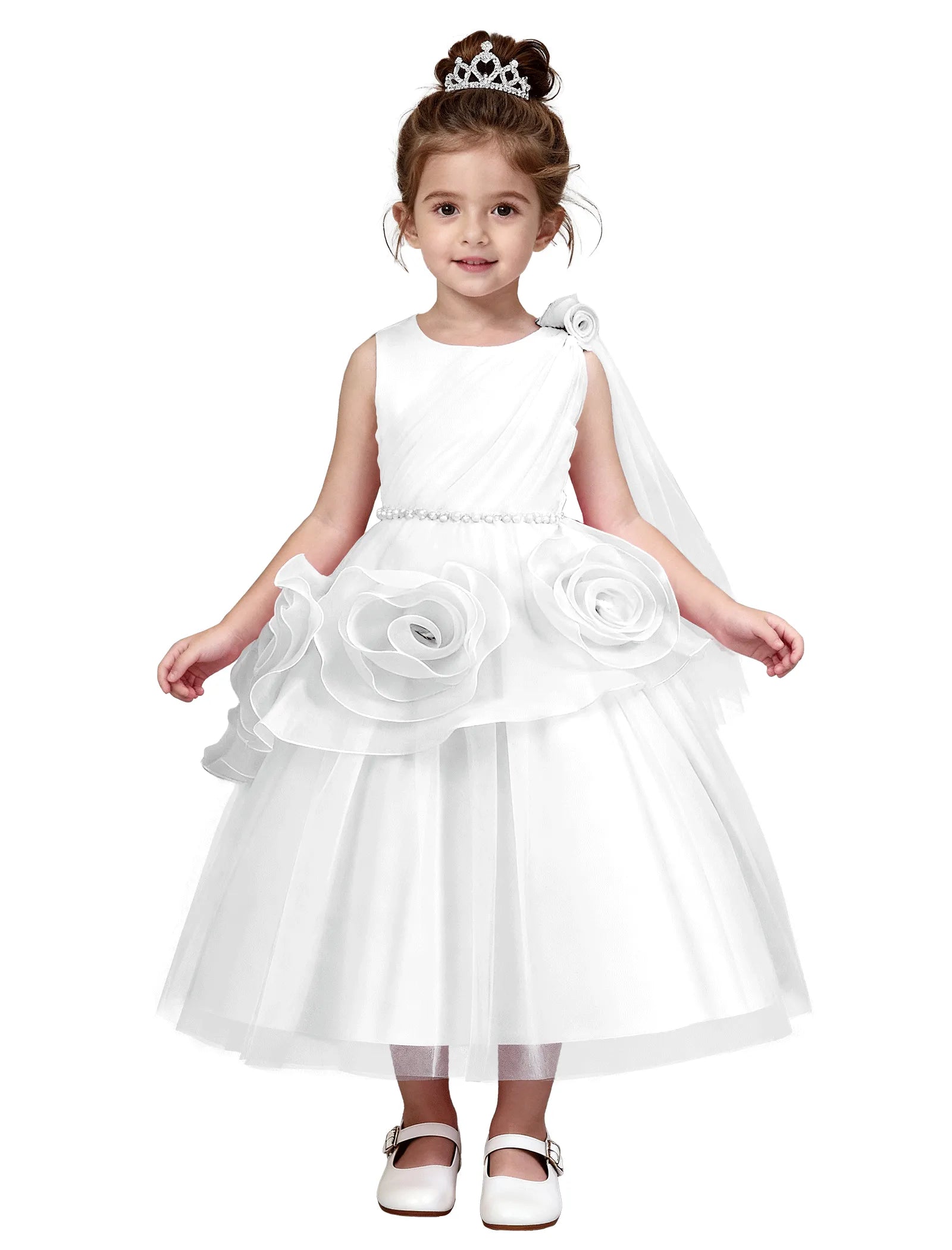 3D Flower Girl Dress with Shoulder Train