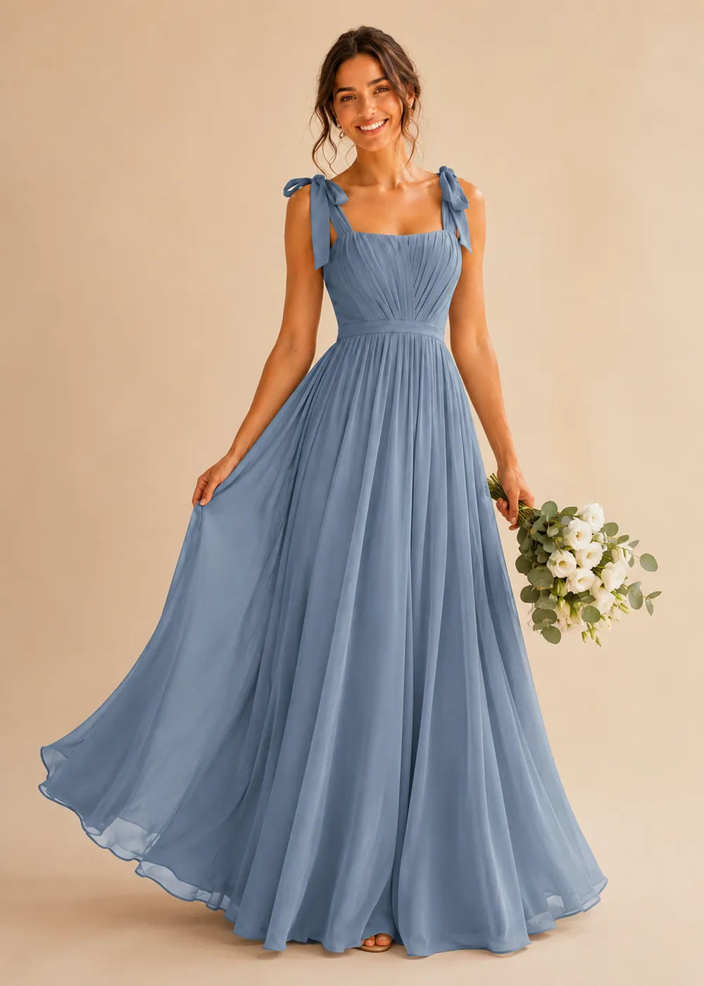 Aveline Tie-Shoulder Chiffon Formal Dress