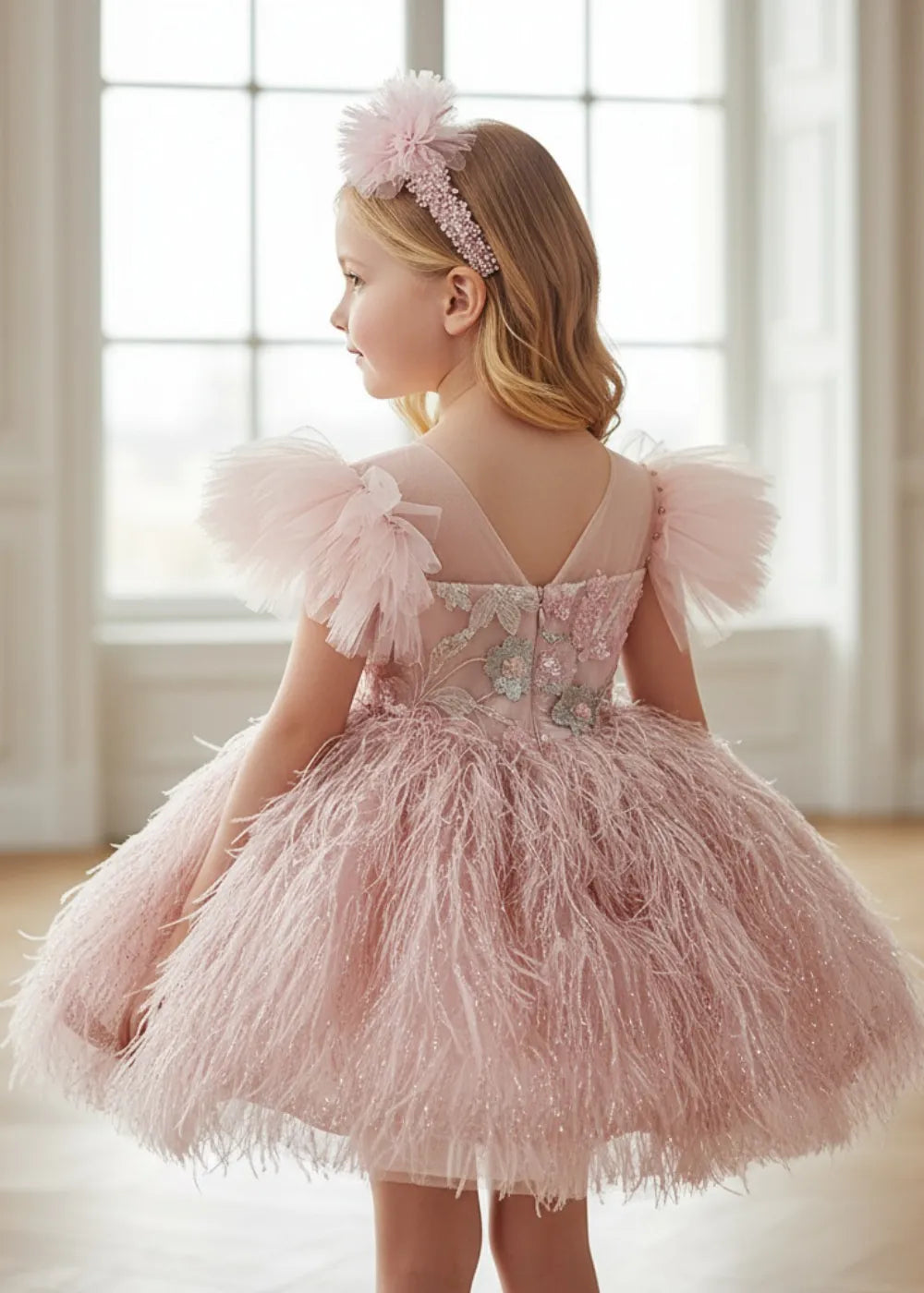 Feather Tulle Party Dress for Girls