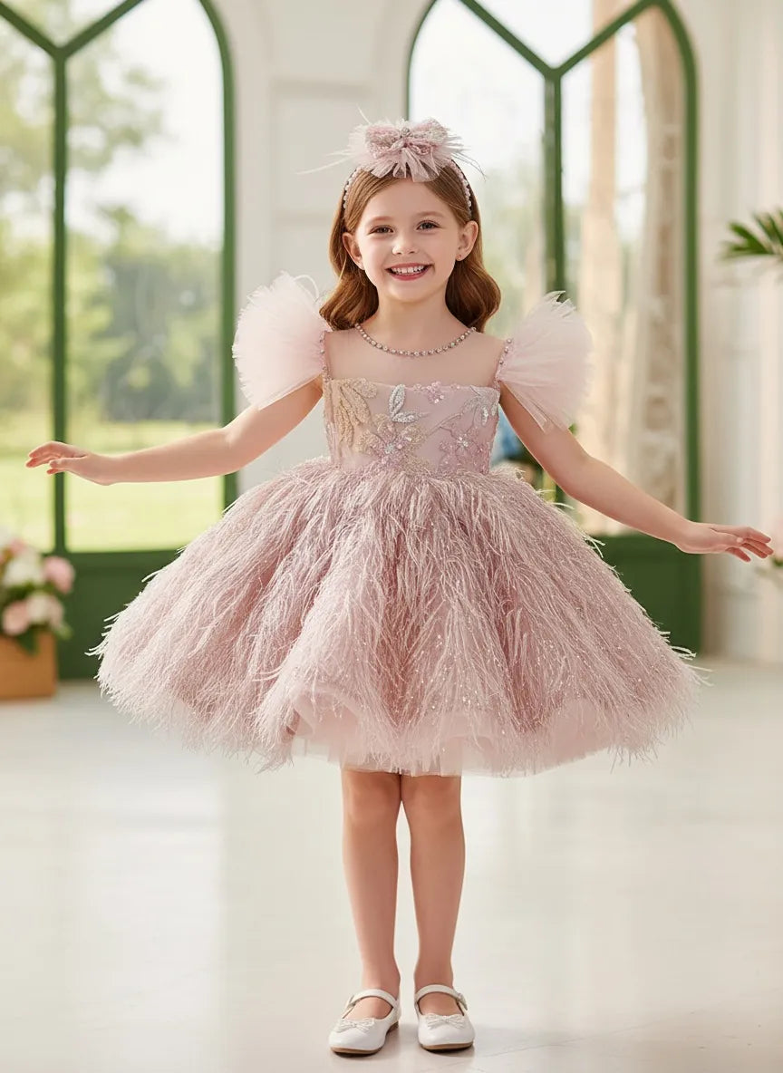 feather party dress Feather-Inspired Tulle Flower Girl Dress with Puff Sleeves