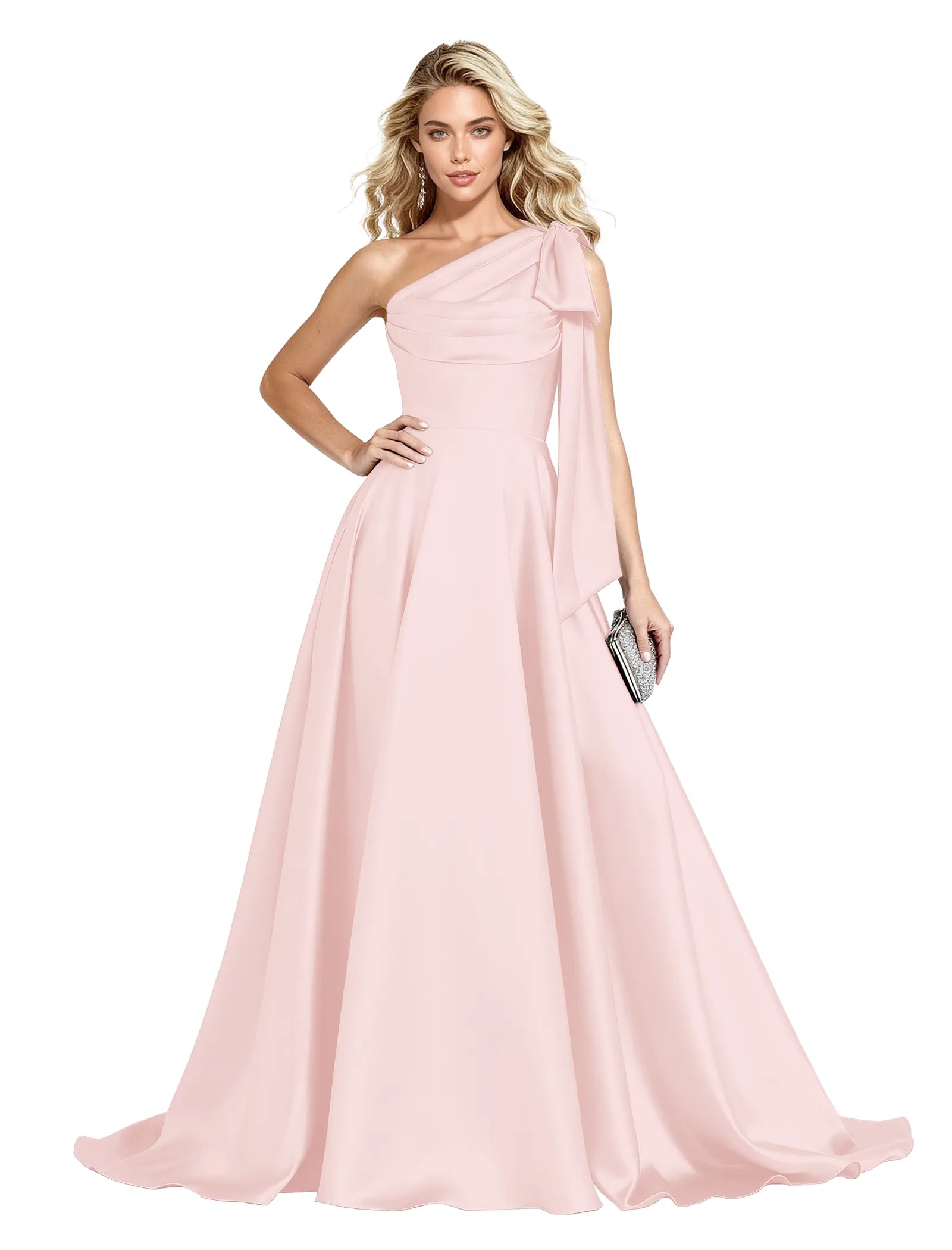 One Shoulder Satin Formal Dress with Bow Back