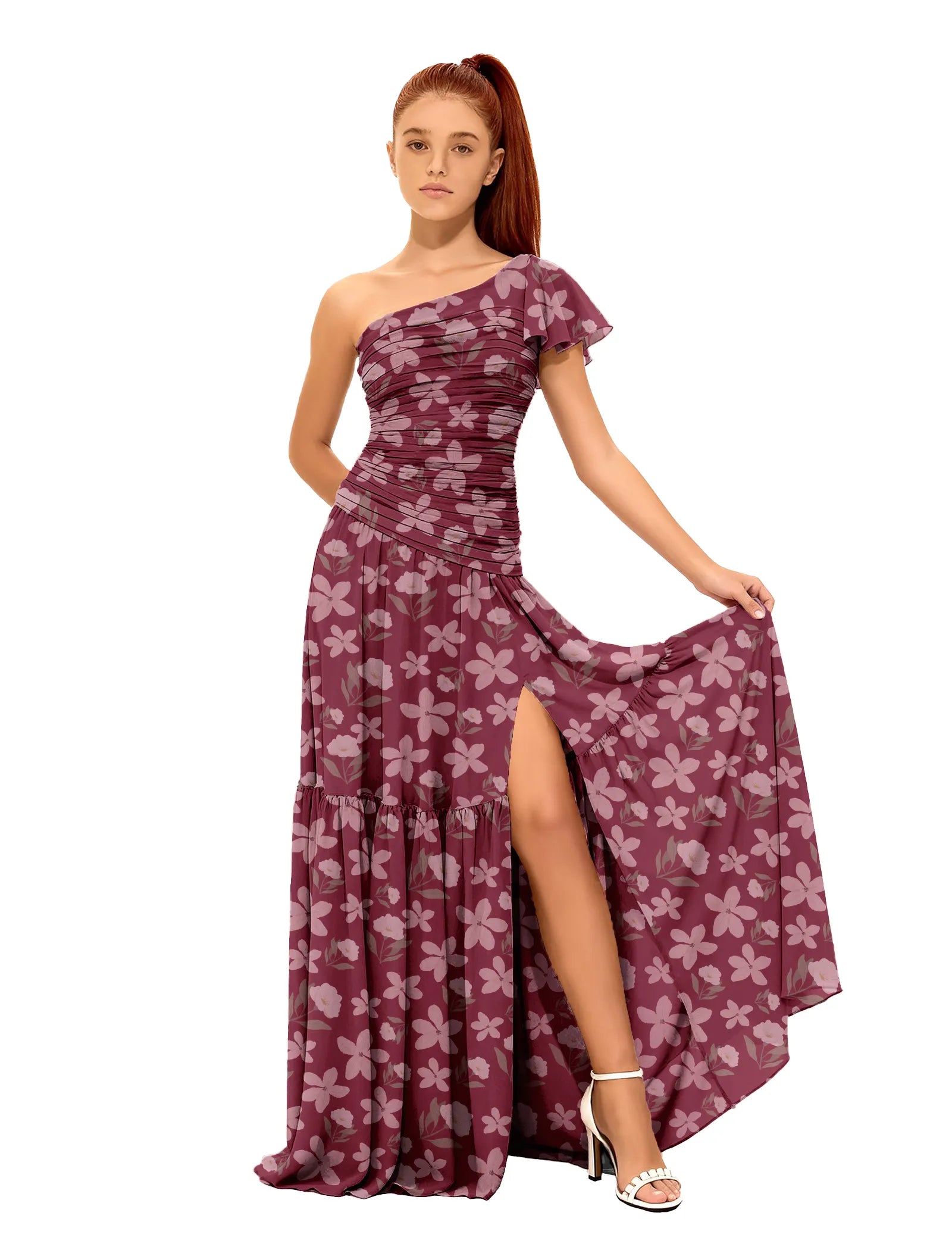 One-Shoulder Floral Maxi Dress with Slit for Girls