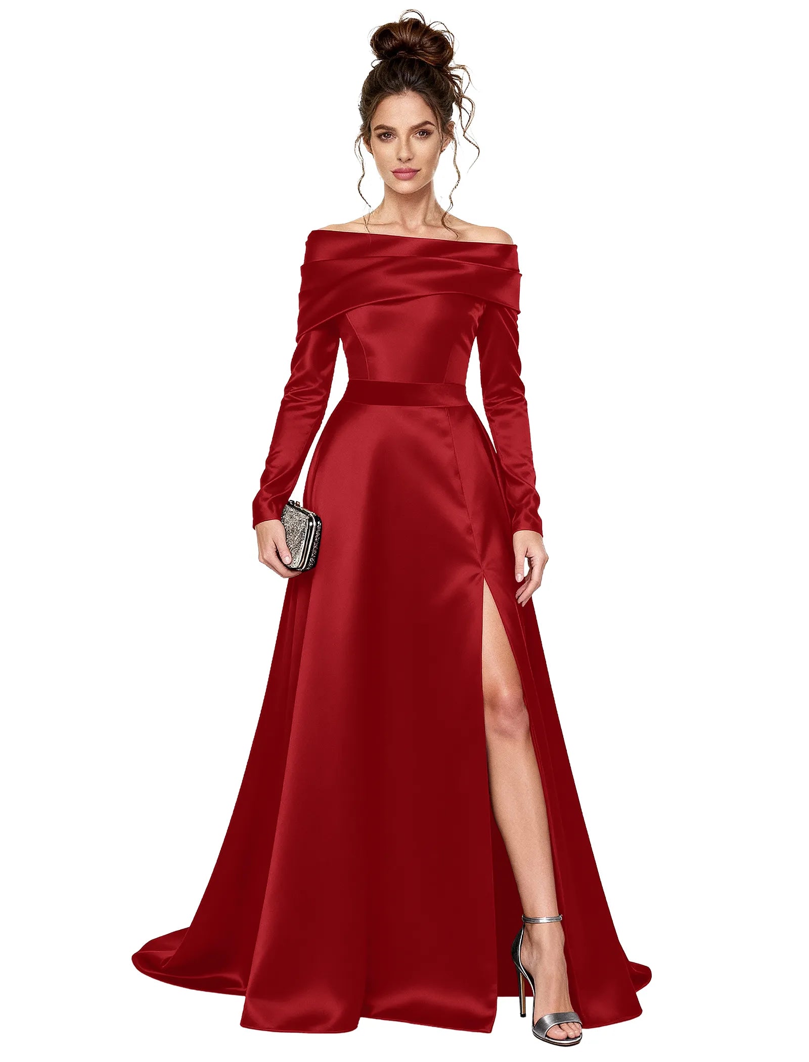 Off Shoulder Satin Formal Dress with Long Sleeves