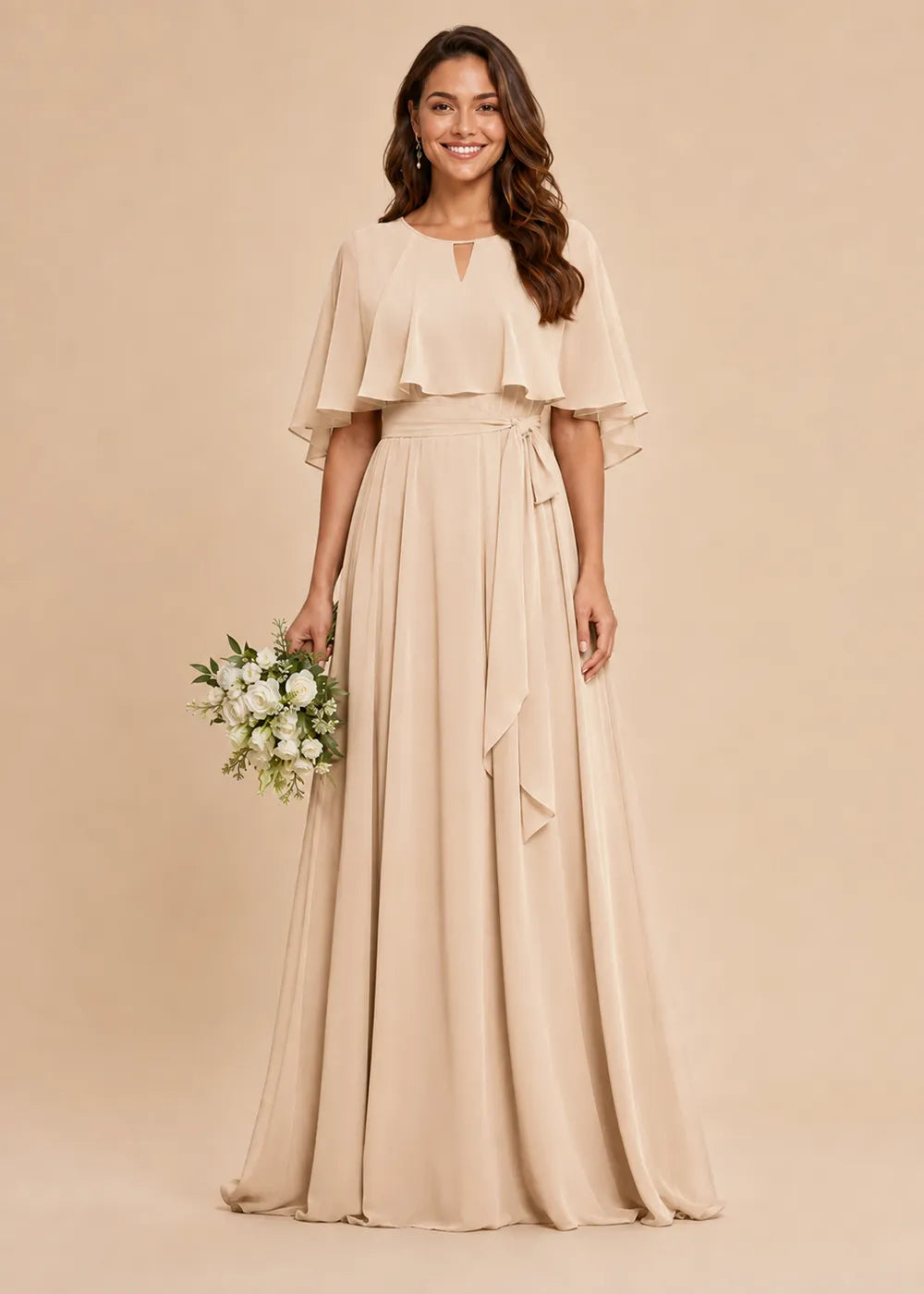 Refined Waist-Tie Chiffon Floor-Length Formal Dress