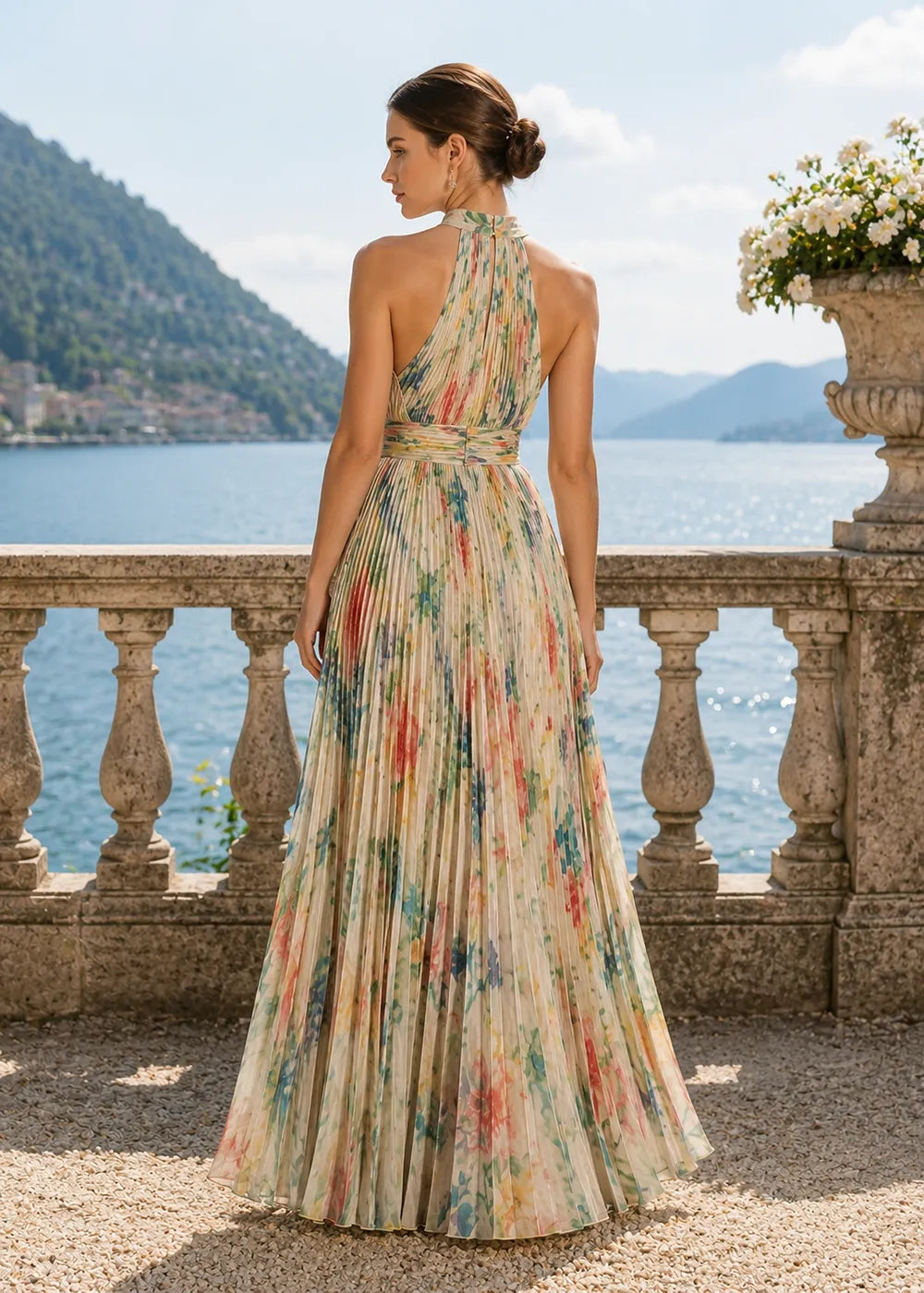 Floral Pleated Halter Neck Chiffon Maxi Dress