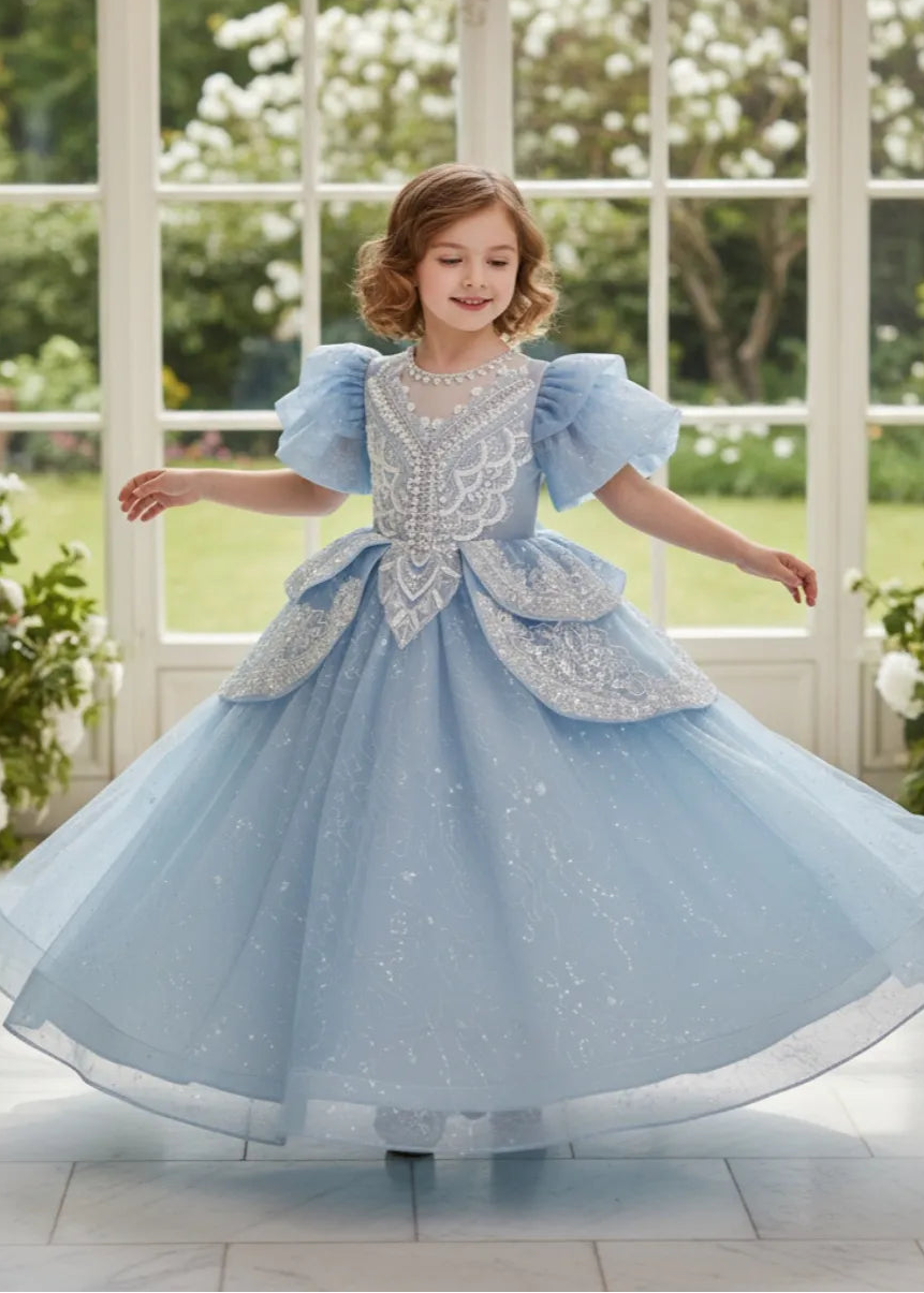 Girls Tea Party Dress with Puffy Sleeves and Shimmer Layers | Fynony Girls Tea Party Dress with Puffy Sleeves and Shimmer Layers | Fynony