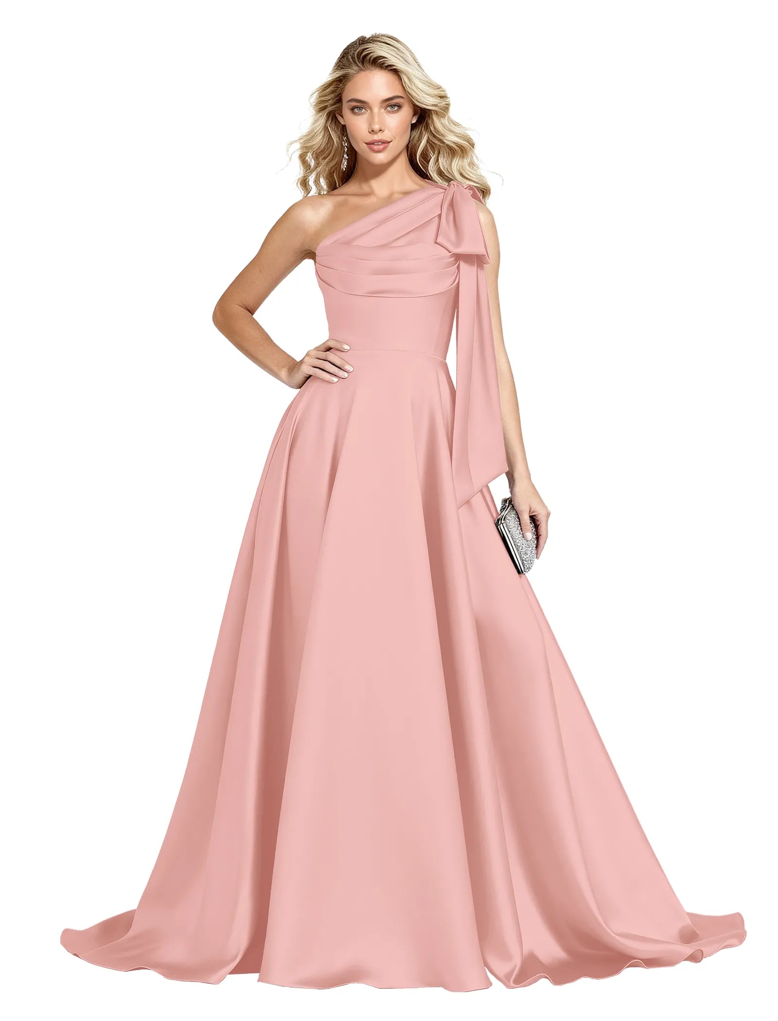 One Shoulder Satin Formal Dress with Bow Back