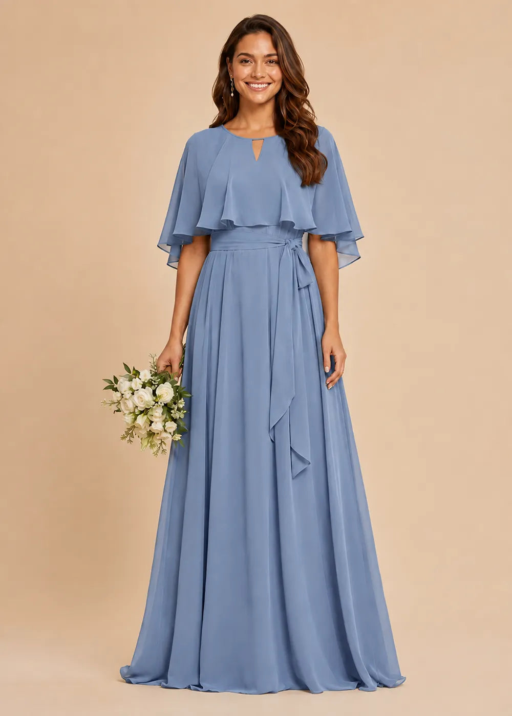Refined Waist-Tie Chiffon Floor-Length Formal Dress