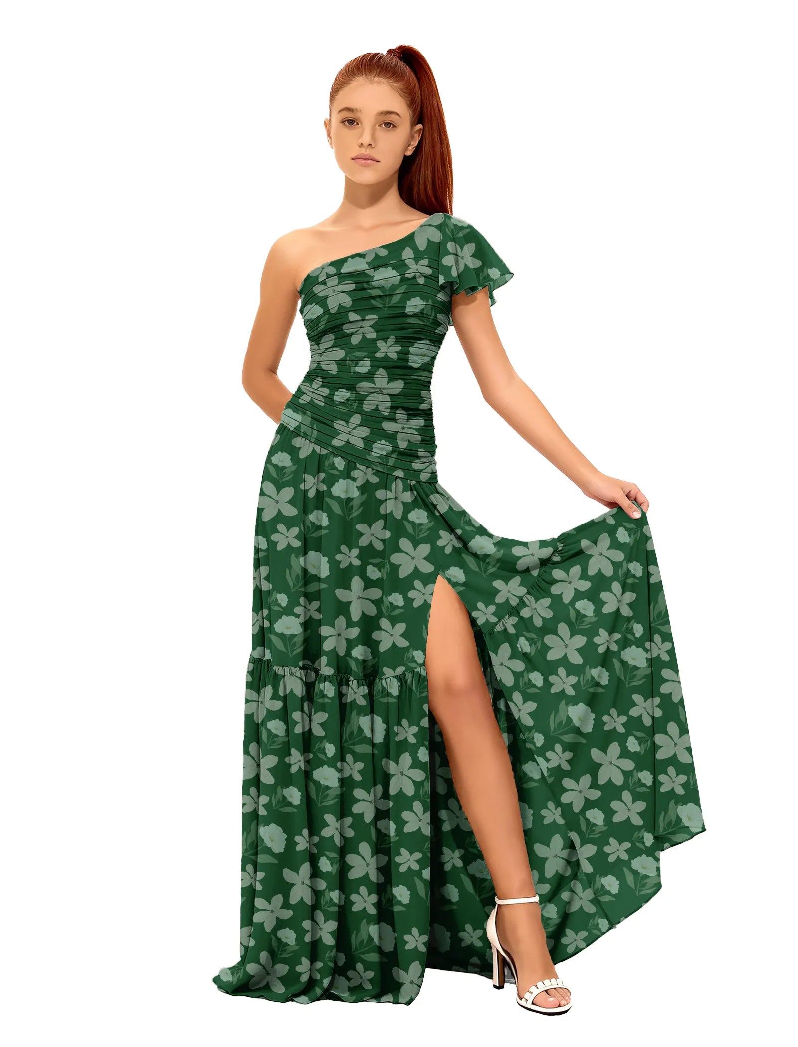 One-Shoulder Floral Maxi Dress with Slit for Girls