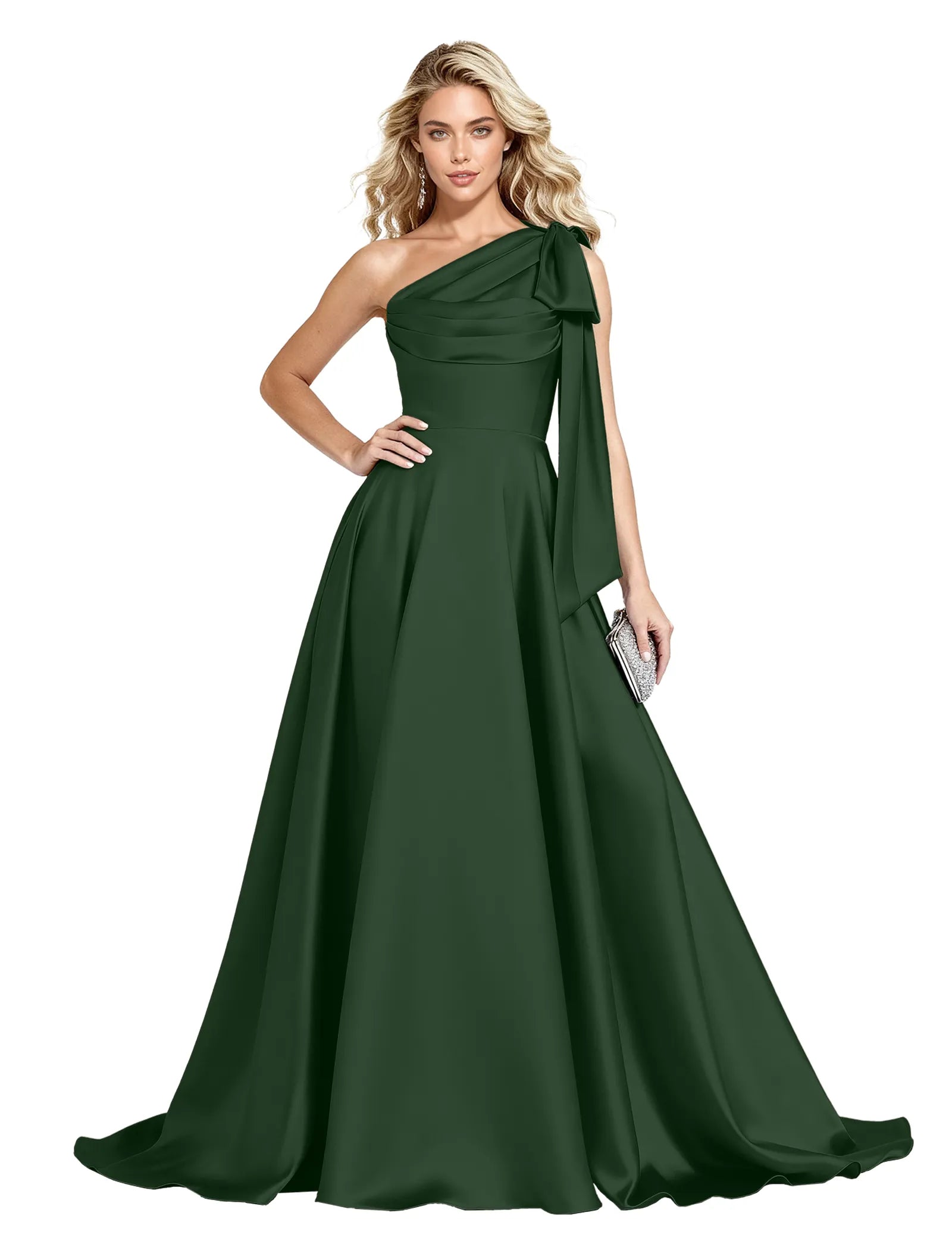 One Shoulder Satin Formal Dress with Bow Back