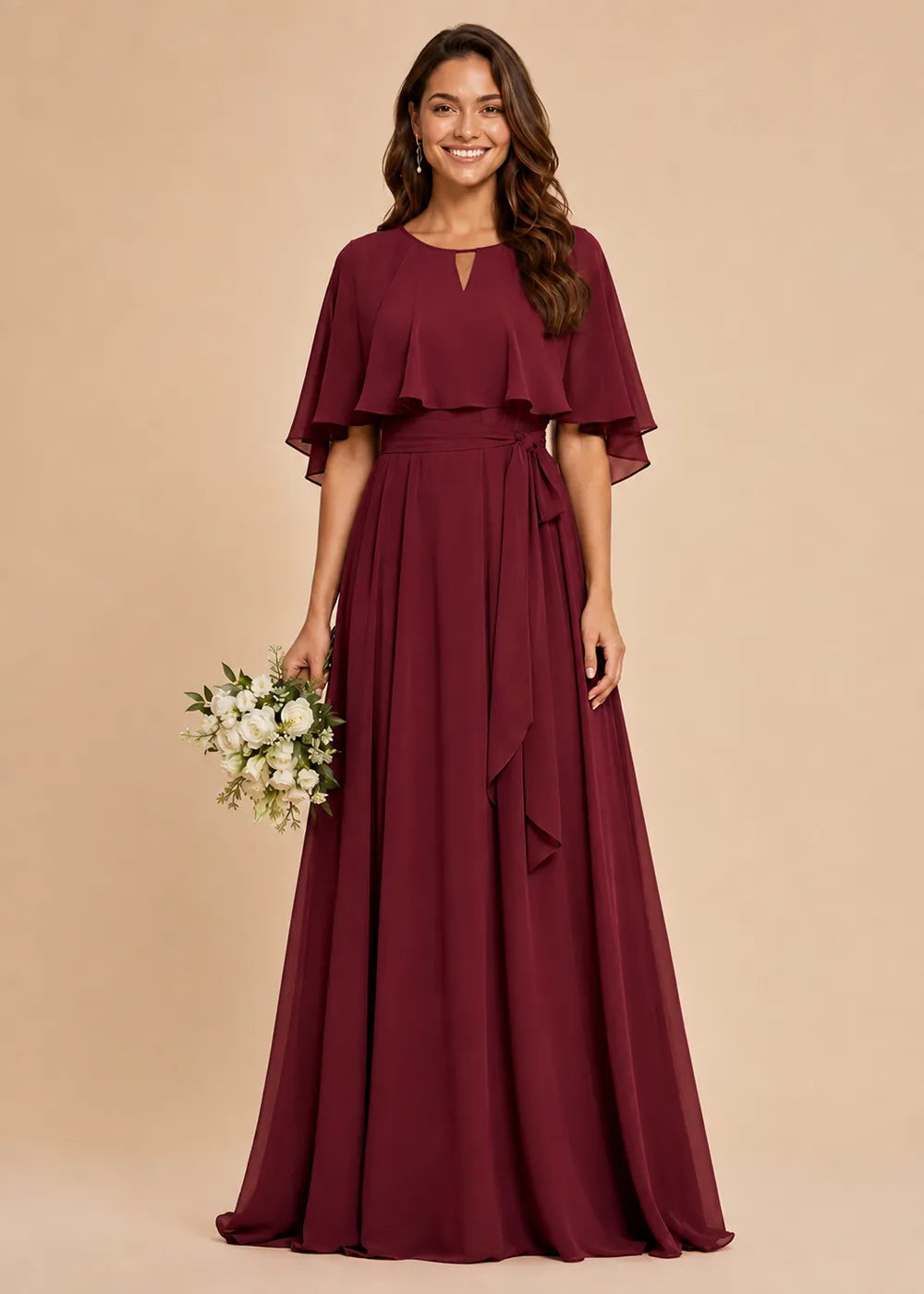 Refined Waist-Tie Chiffon Floor-Length Formal Dress