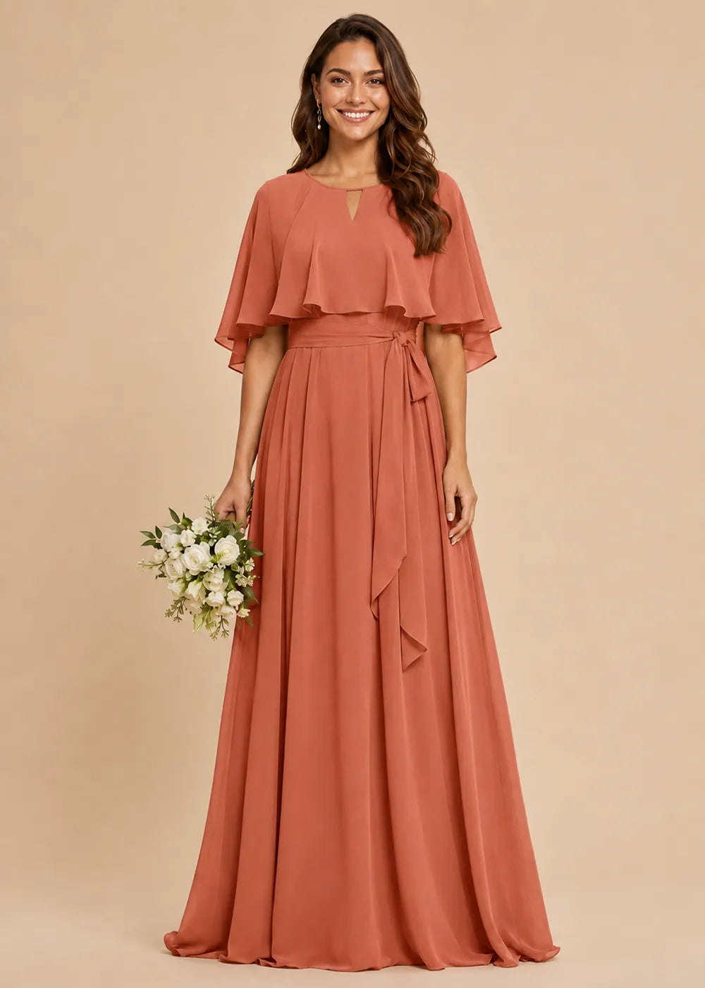 Refined Waist-Tie Chiffon Floor-Length Formal Dress