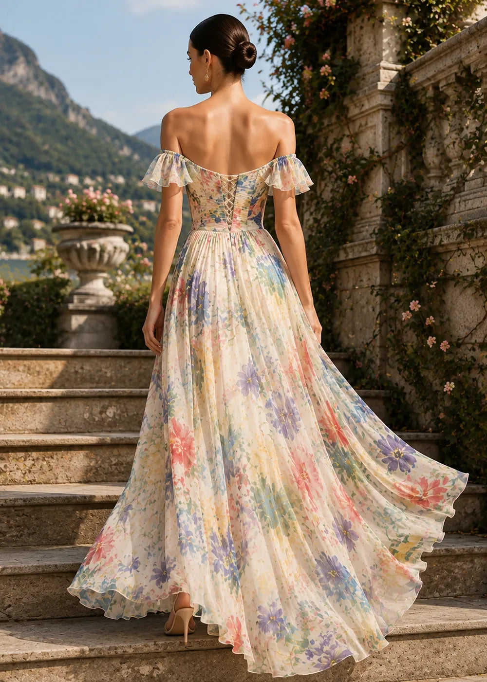 Garden Romance Off Shoulder Floral Formal Dress