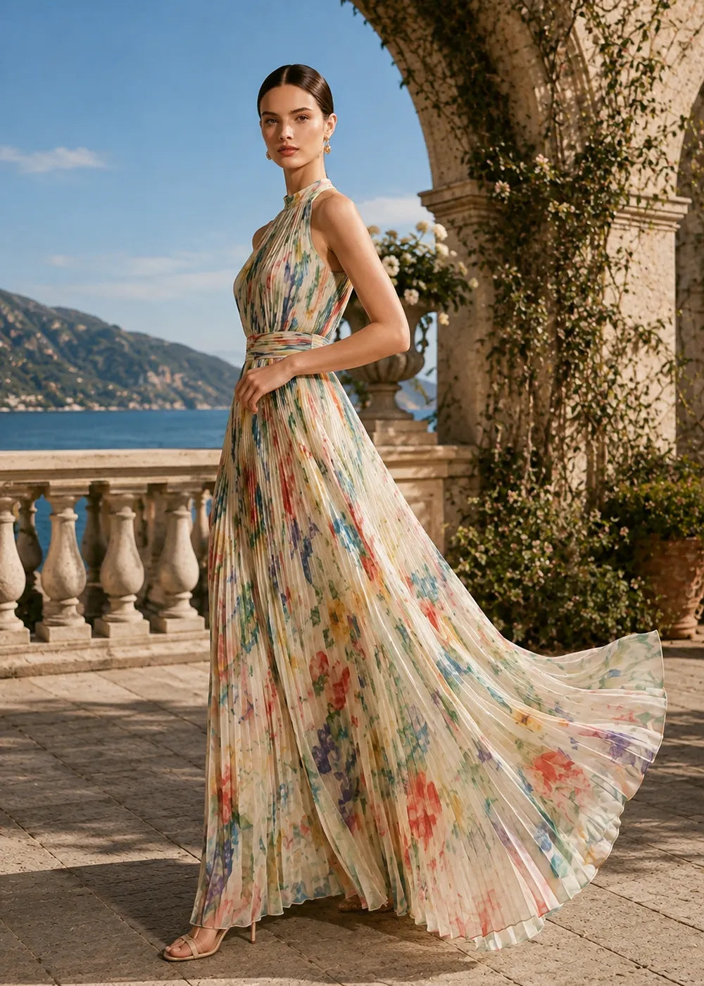 Floral Pleated Halter Neck Chiffon Maxi Dress