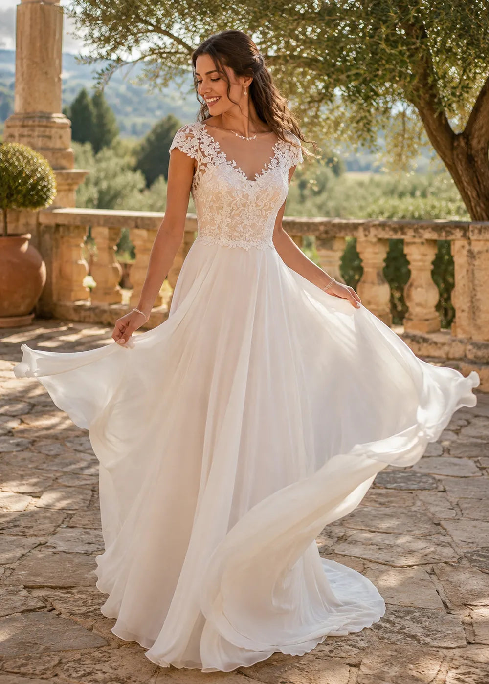 Evelora Open-Back Chapel-Train Wedding Dress