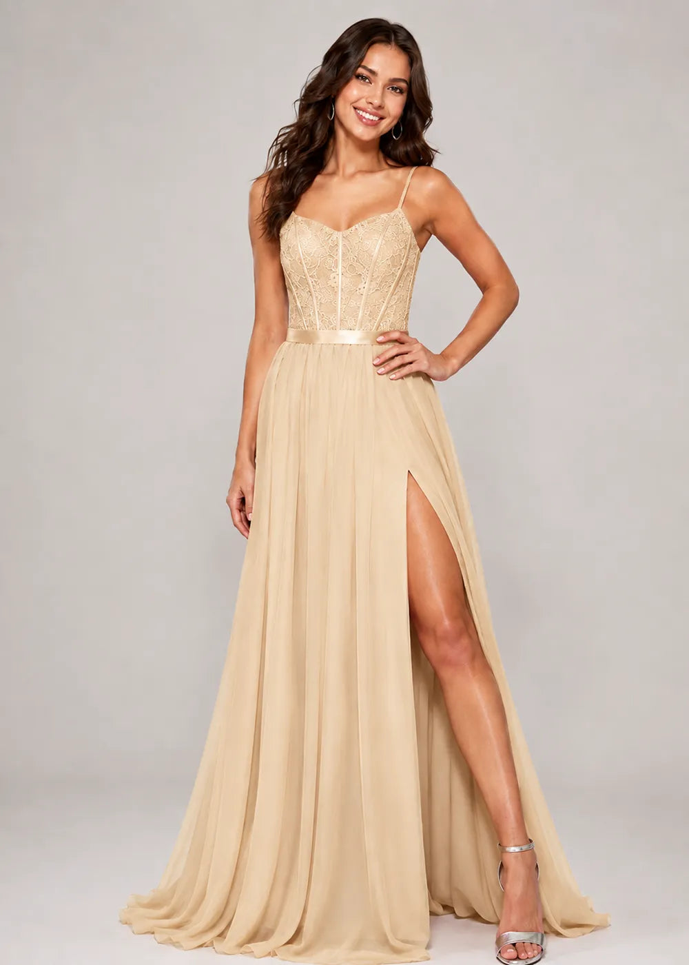 Lace Corset High-Slit A-Line Gown