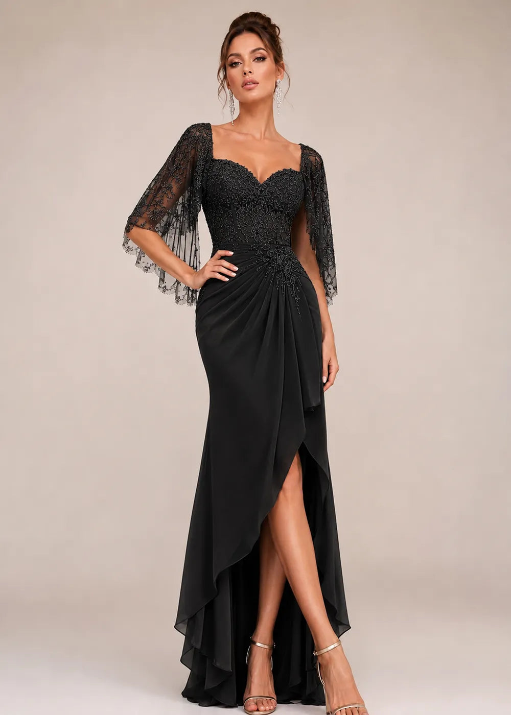 Lace Cape-Sleeve Sweetheart Formal Dress