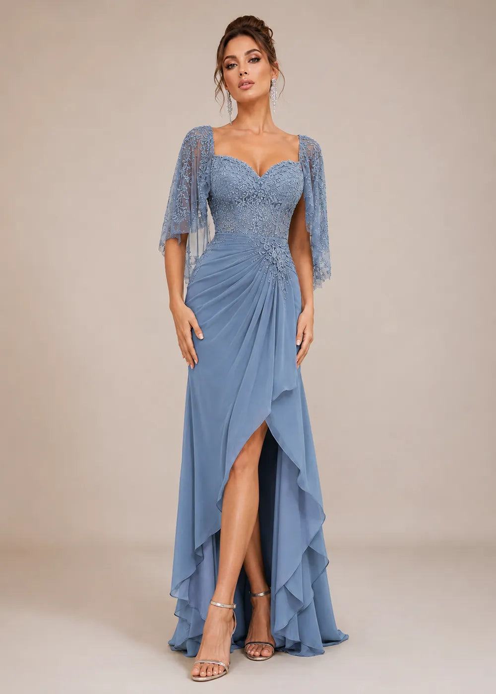 Lace Cape-Sleeve Sweetheart Formal Dress