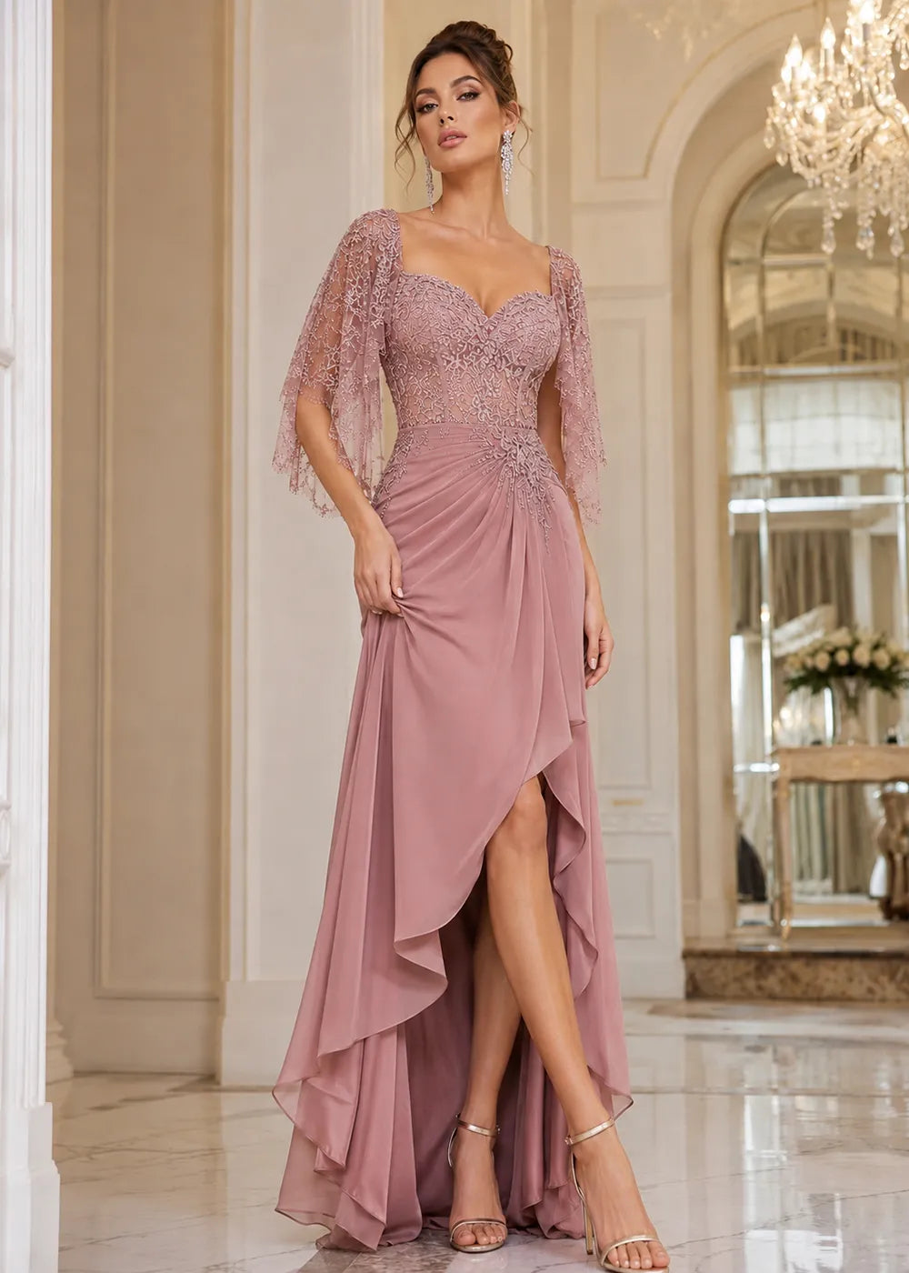 Lace Cape-Sleeve Sweetheart Formal Dress