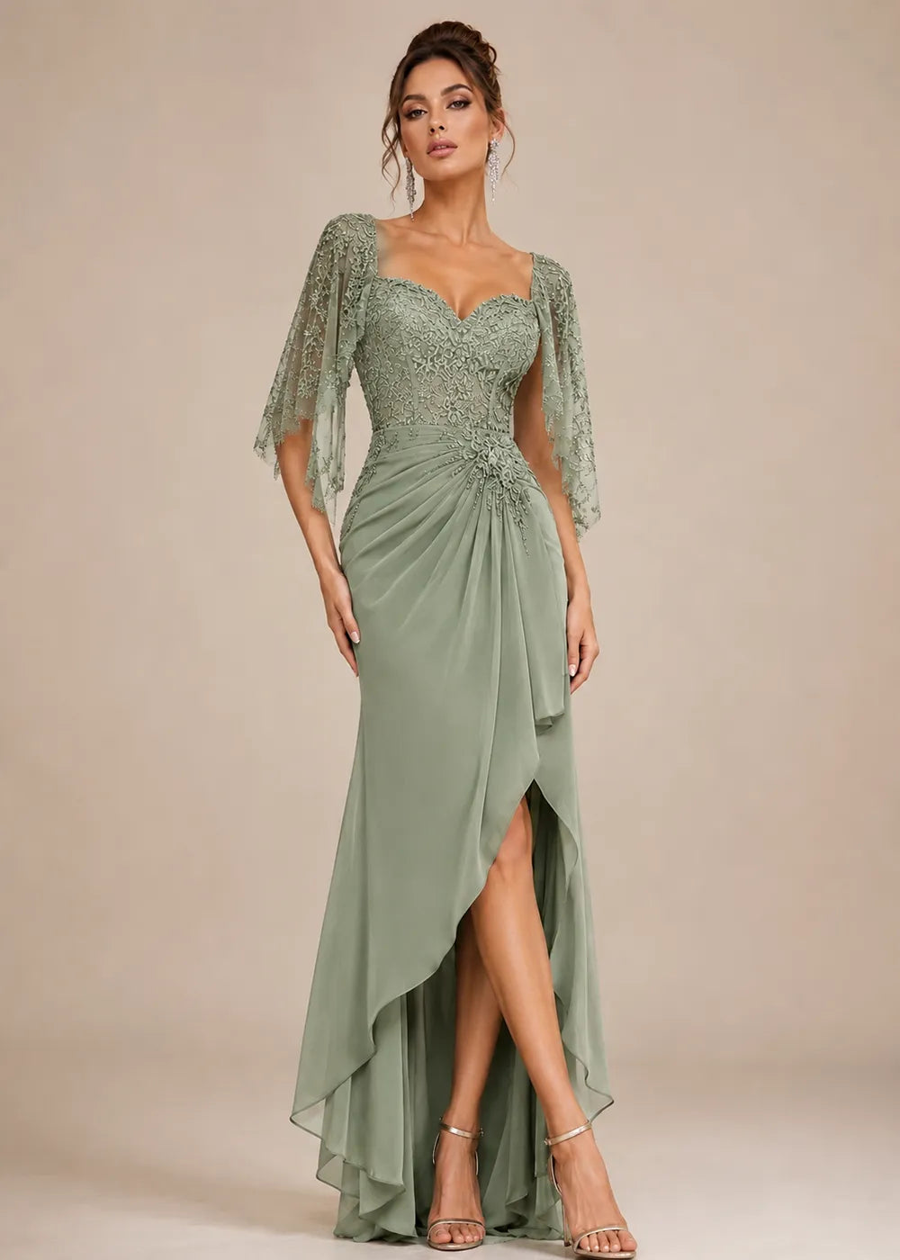 Lace Cape-Sleeve Sweetheart Formal Dress