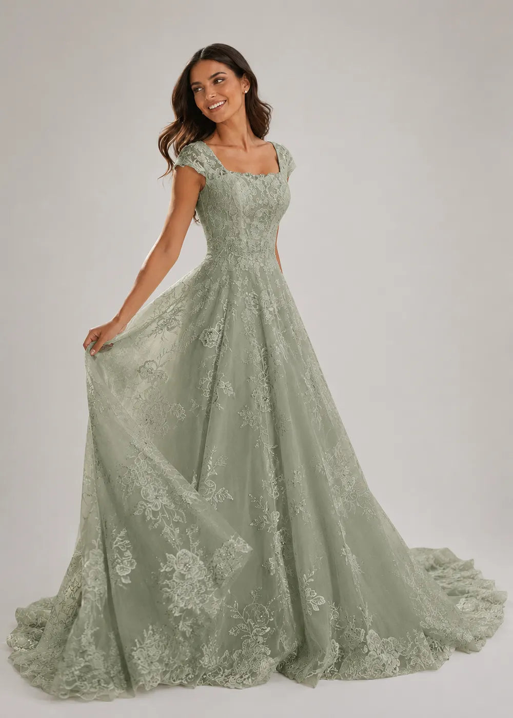 Square-Neck Lace A-Line Wedding Dress