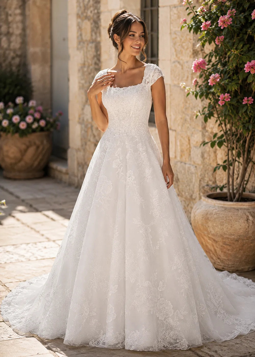 Square-Neck Lace A-Line Wedding Dress
