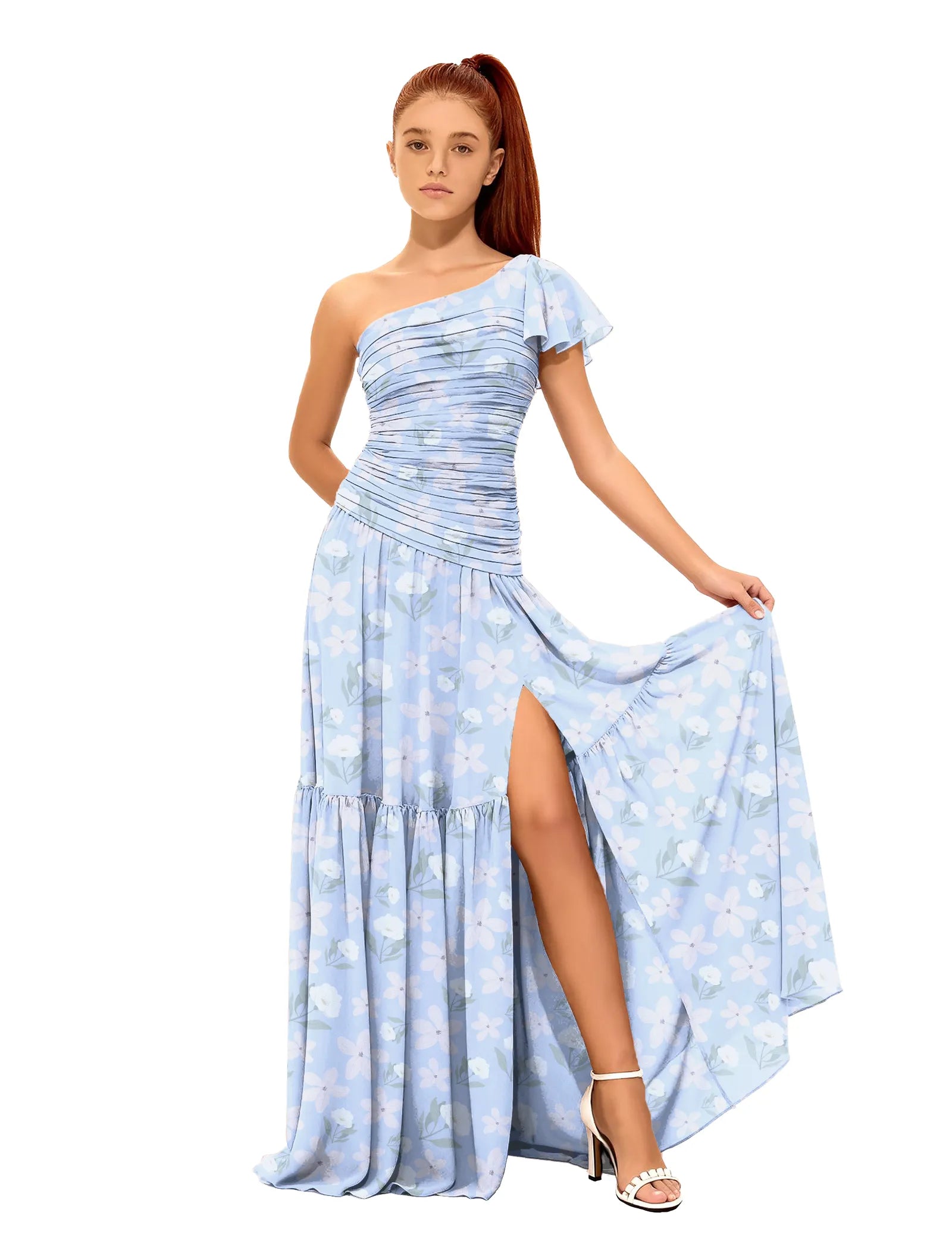 One-Shoulder Floral Maxi Dress with Slit for Girls