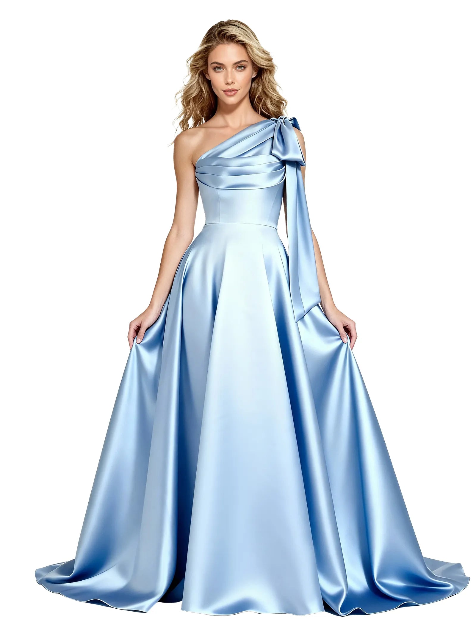 One Shoulder Satin Formal Dress with Bow Back