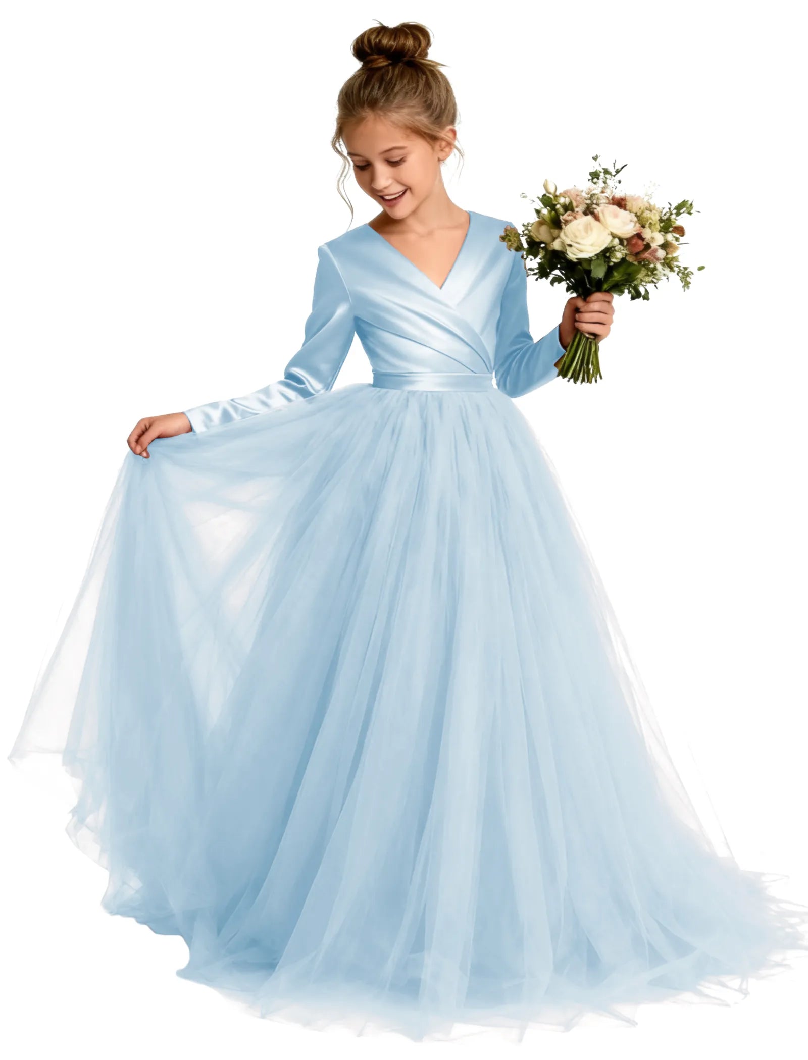 Elegant V-Neck Girls Pageant Dress – Formal Gown with Puffy Tulle Skirt