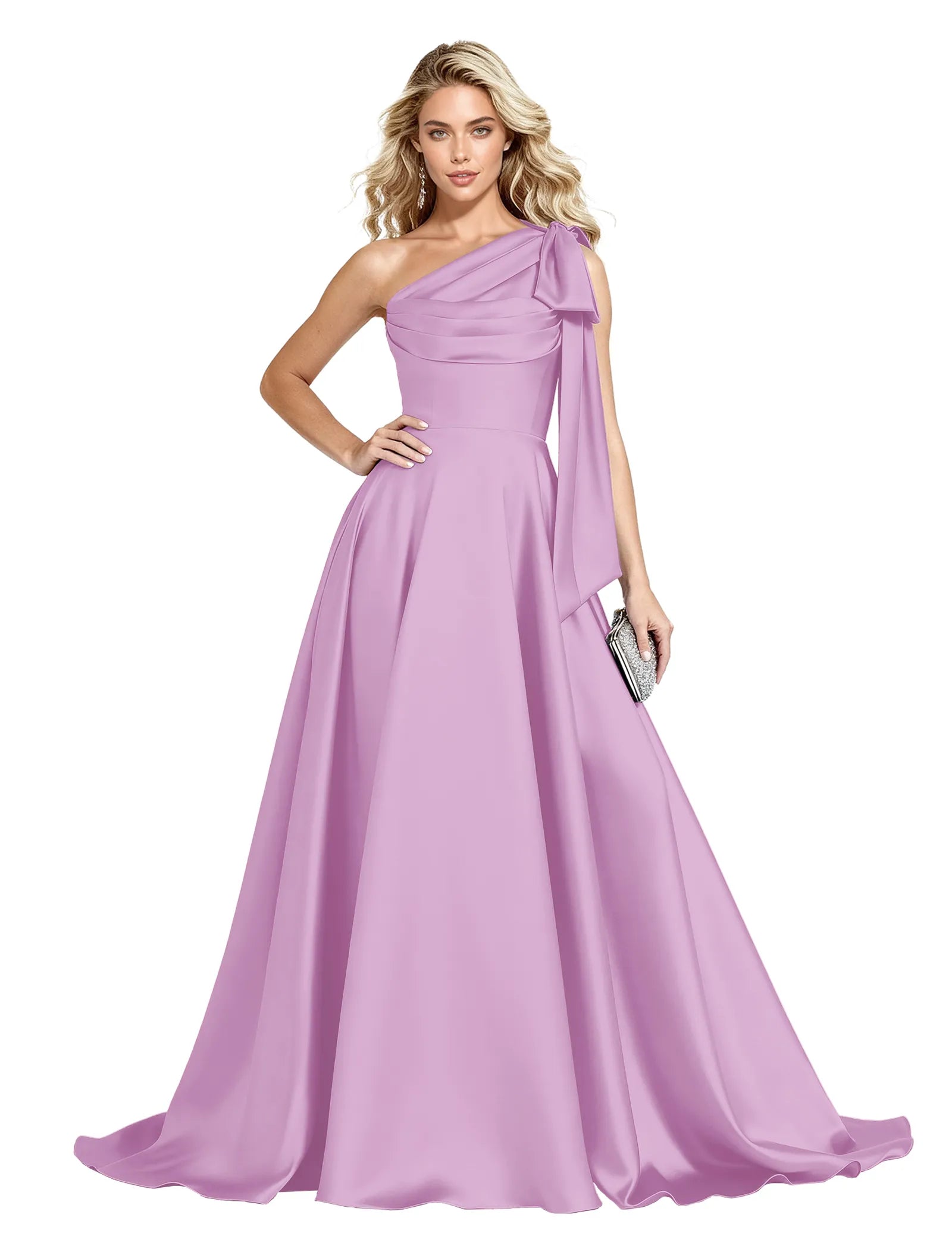 One Shoulder Satin Formal Dress with Bow Back