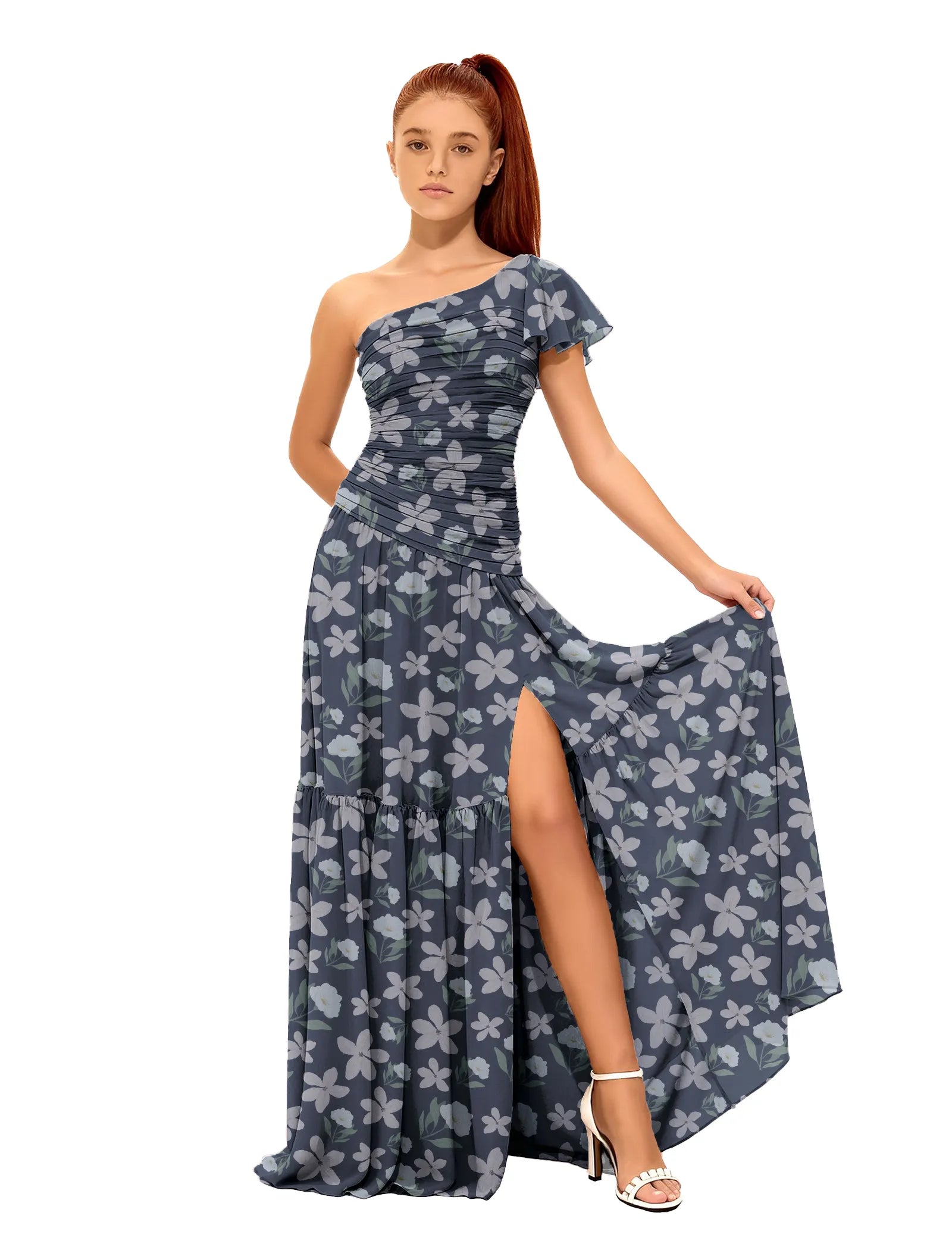 One-Shoulder Floral Maxi Dress with Slit for Girls