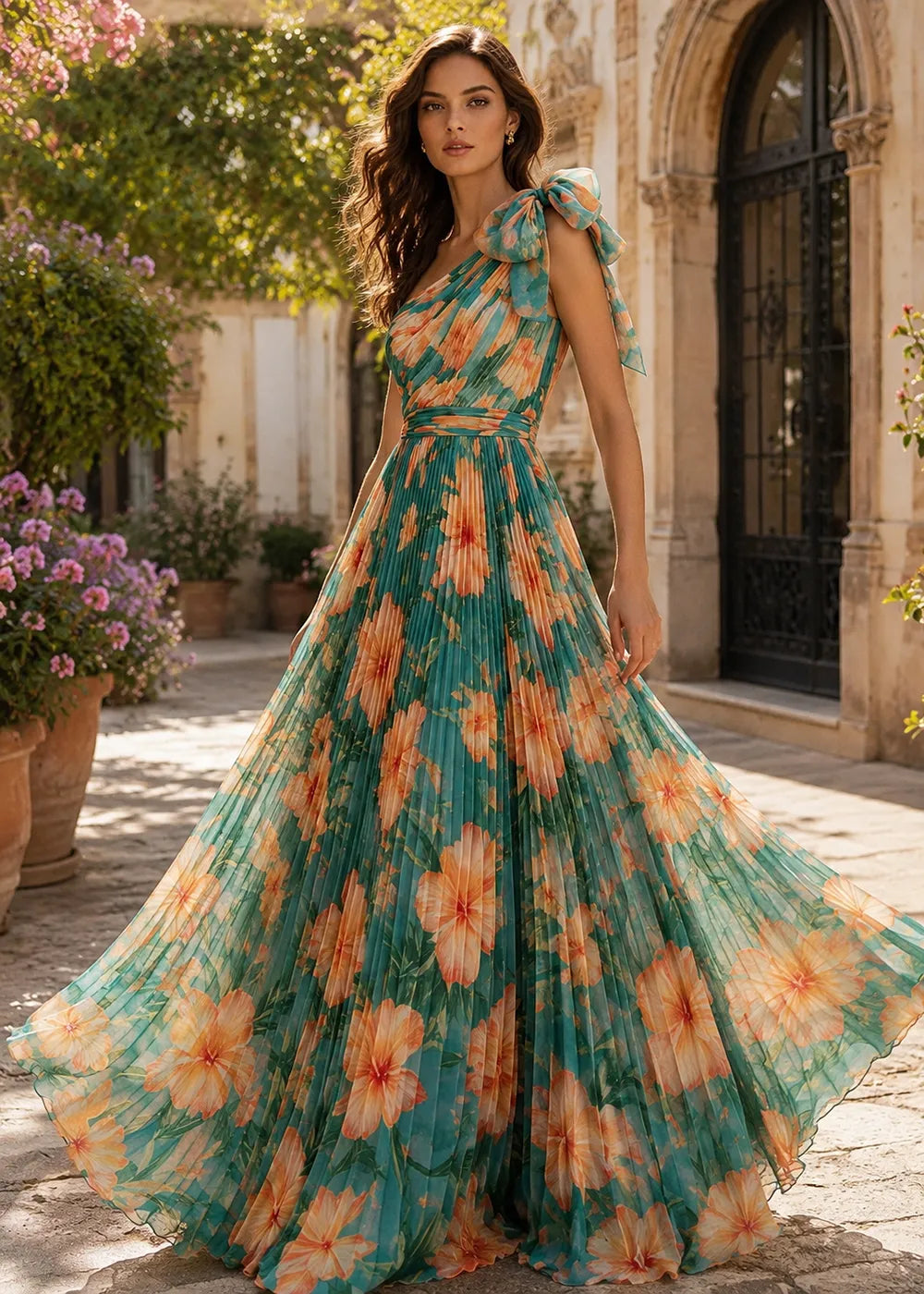 Sculptural Bow One-Shoulder Pleated Gown