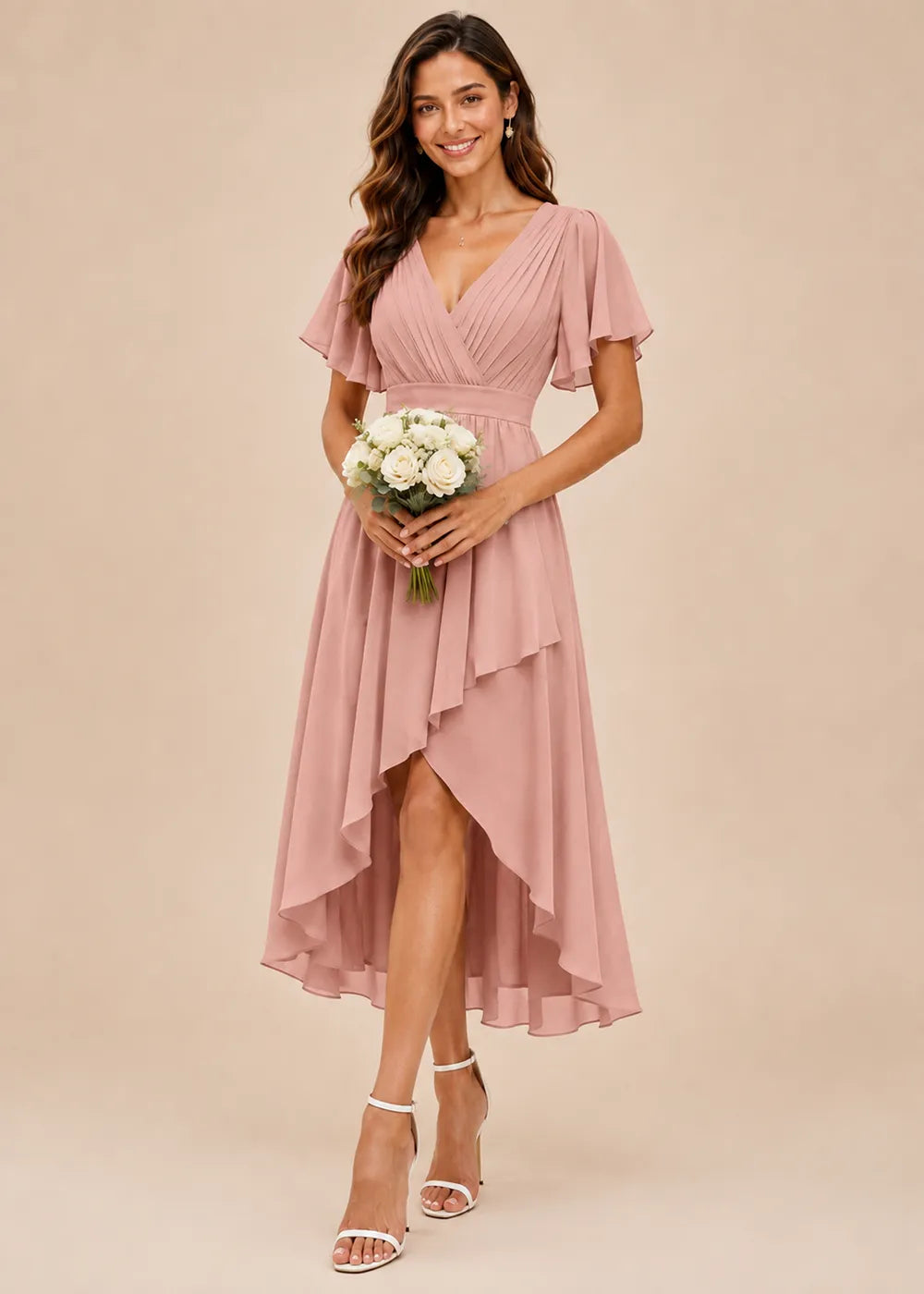 Flutter Sleeve A-Line Chiffon Midi Dress