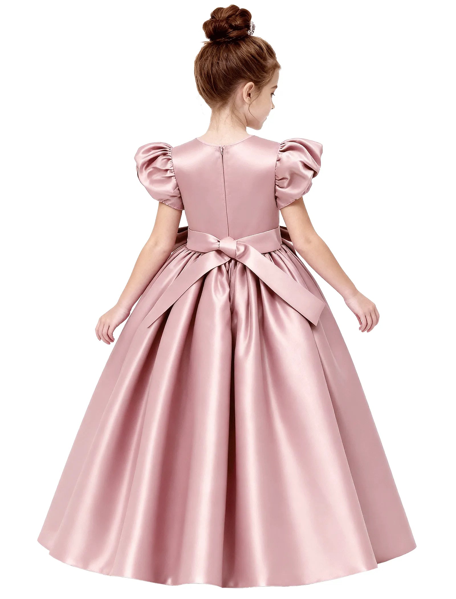 Royal Satin Puff Sleeve Flower Girl Gown