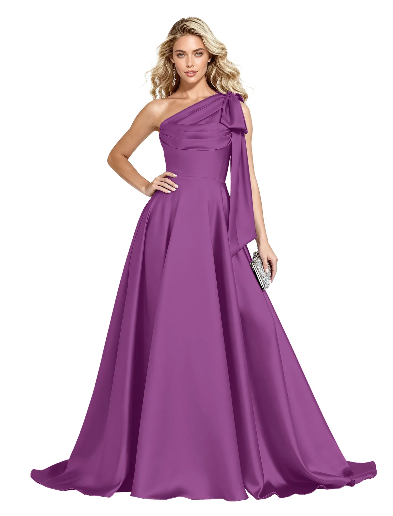 One Shoulder Satin Formal Dress with Bow Back