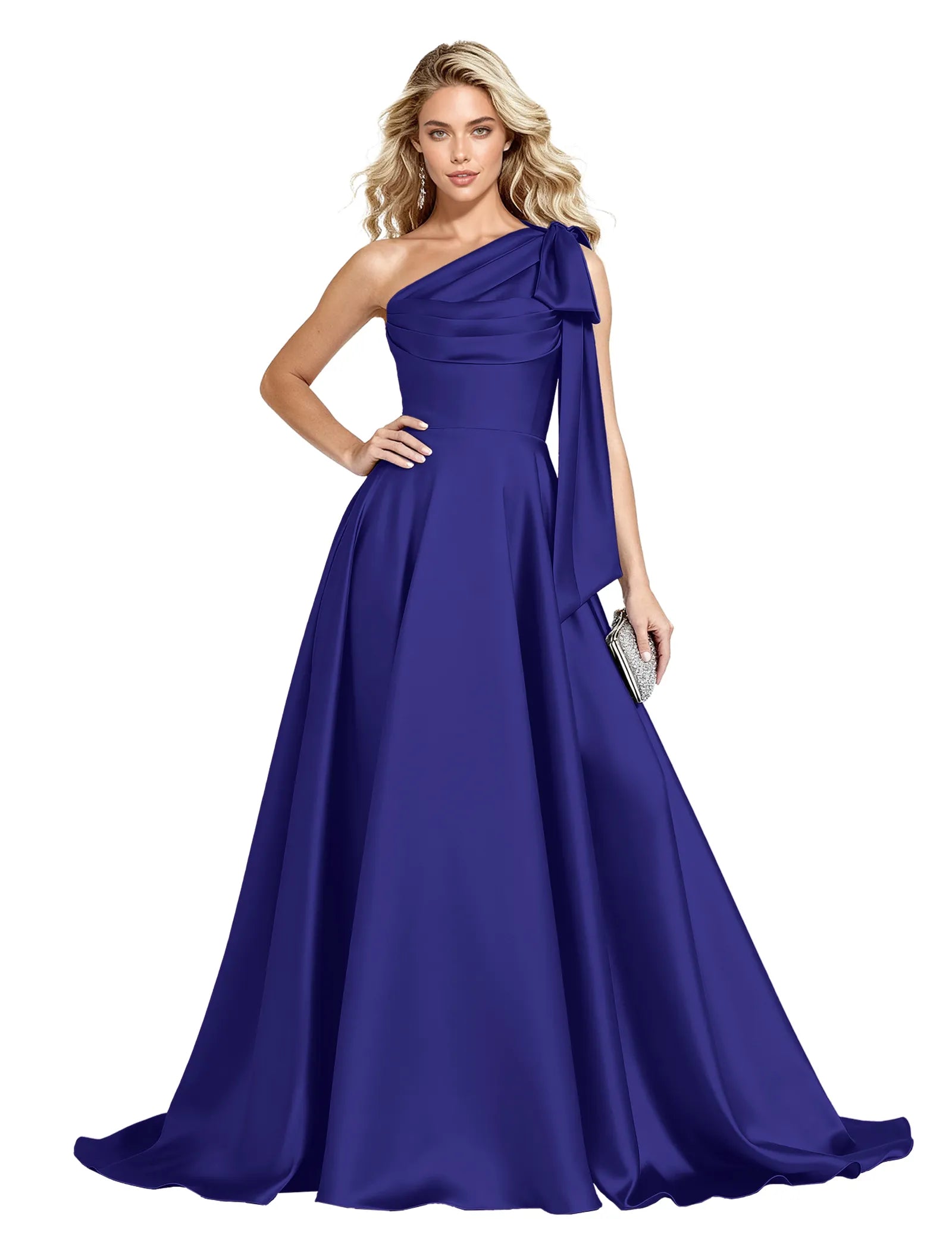 One Shoulder Satin Formal Dress with Bow Back