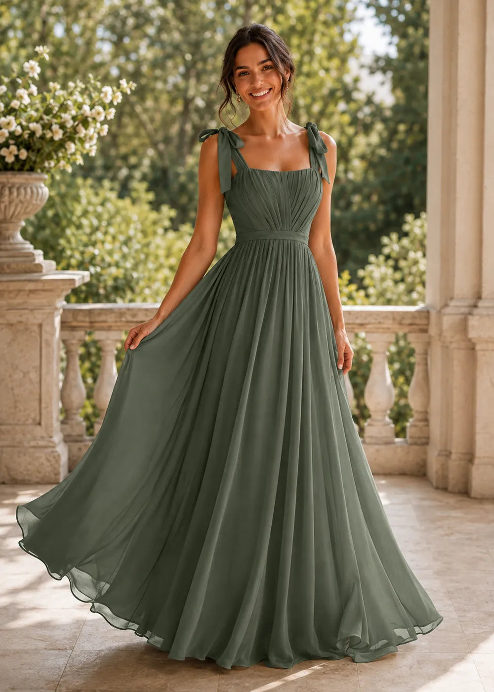 Aveline Tie-Shoulder Chiffon Formal Dress